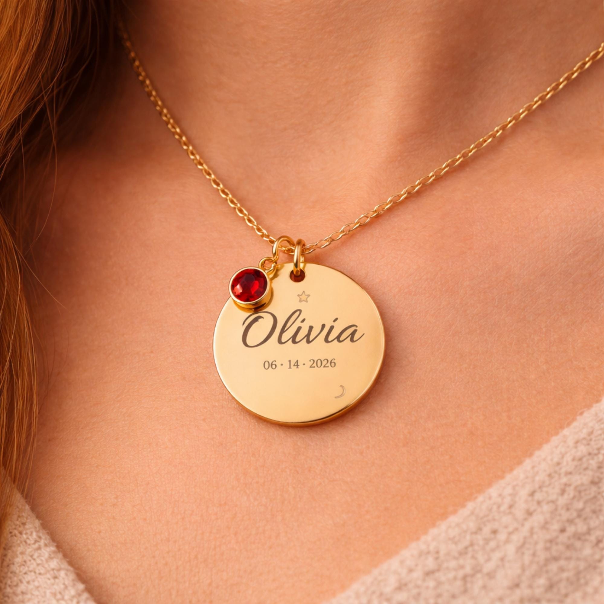Gold, silver, and rose gold personalized name necklaces with birthstone charms displayed for customization options
