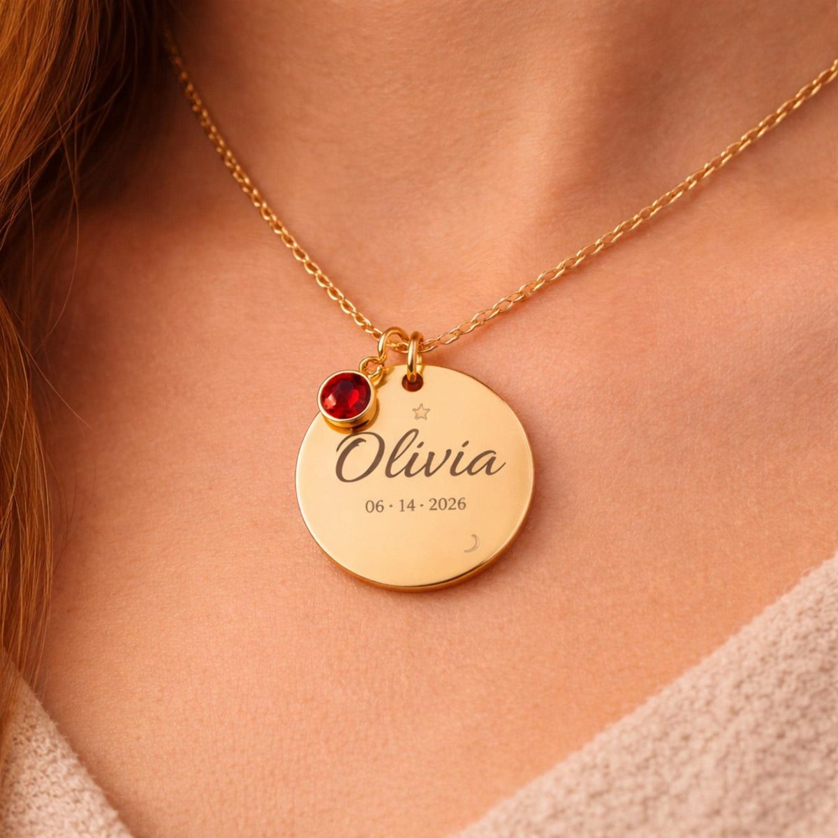 Gold, silver, and rose gold personalized name necklaces with birthstone charms displayed for customization options
