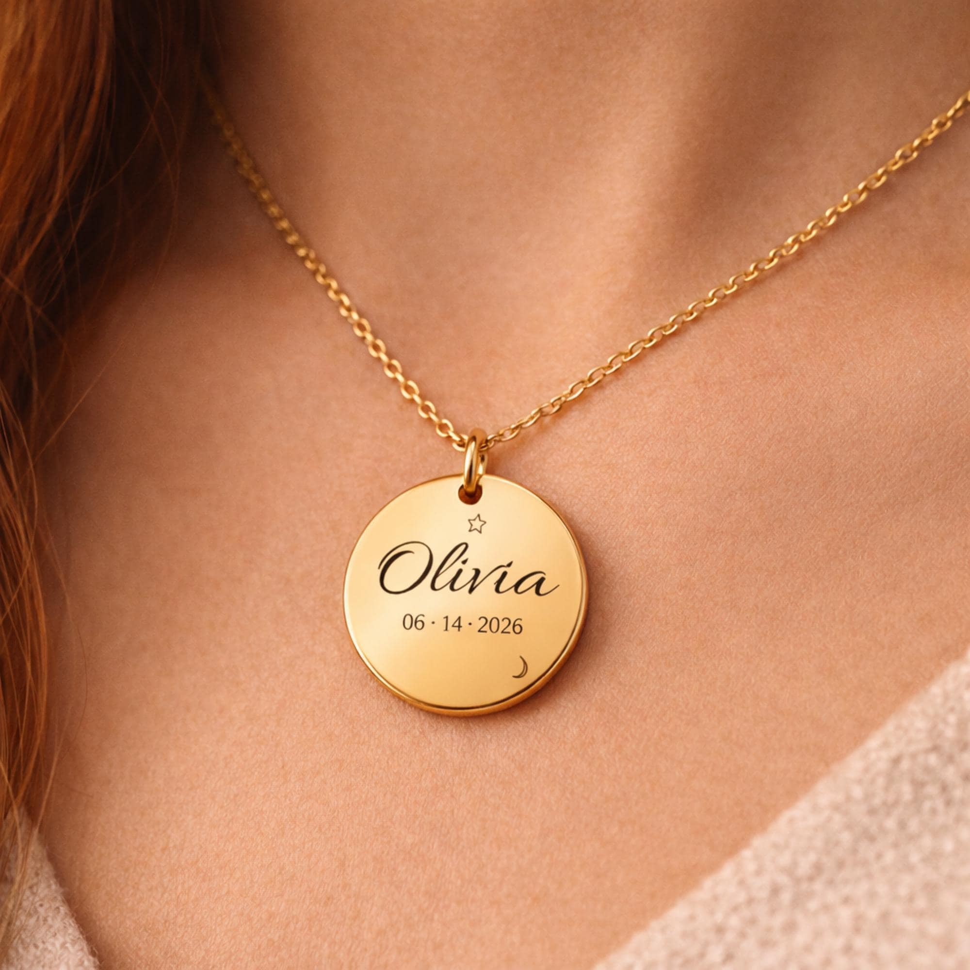 Custom engraved round pendant necklace with script name, date, and celestial star moon engraving