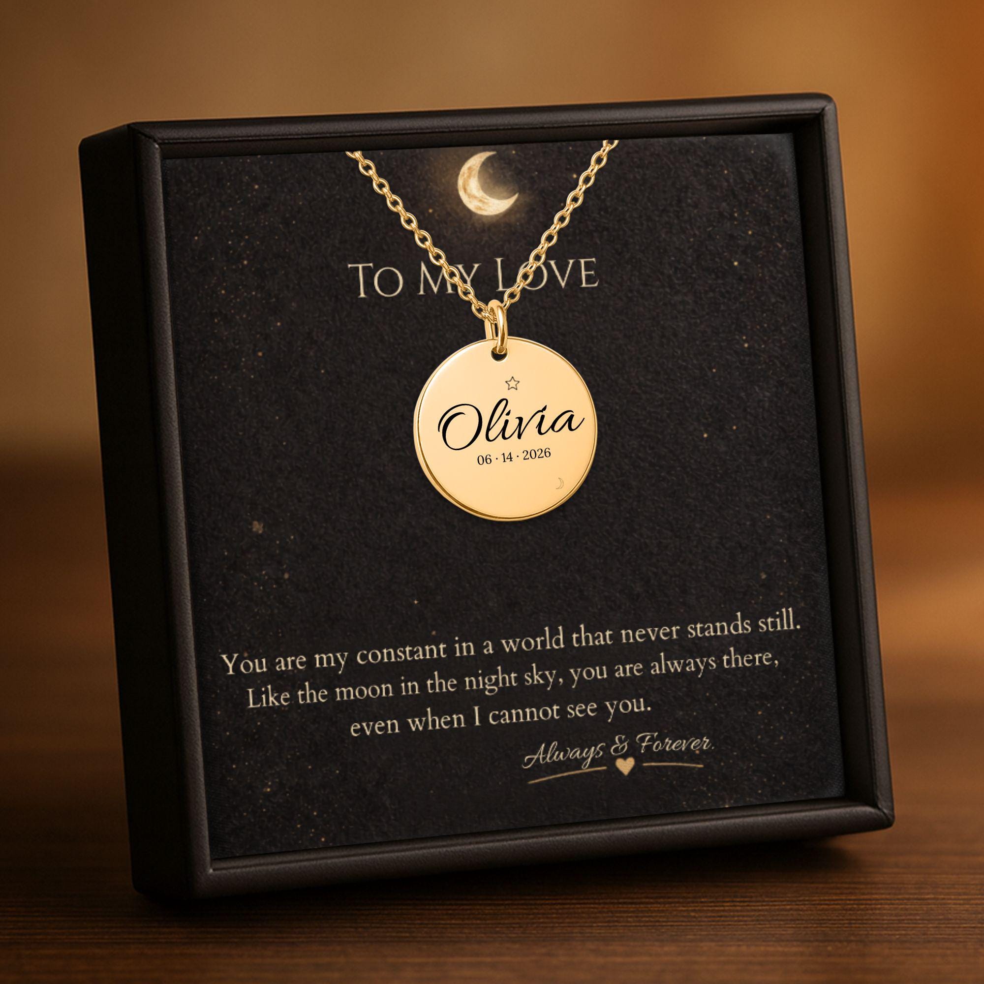 Premium gift box set featuring a personalized gold necklace with engraved name and date, paired with a heartfelt message card and elegant packaging—perfect for meaningful gifting.