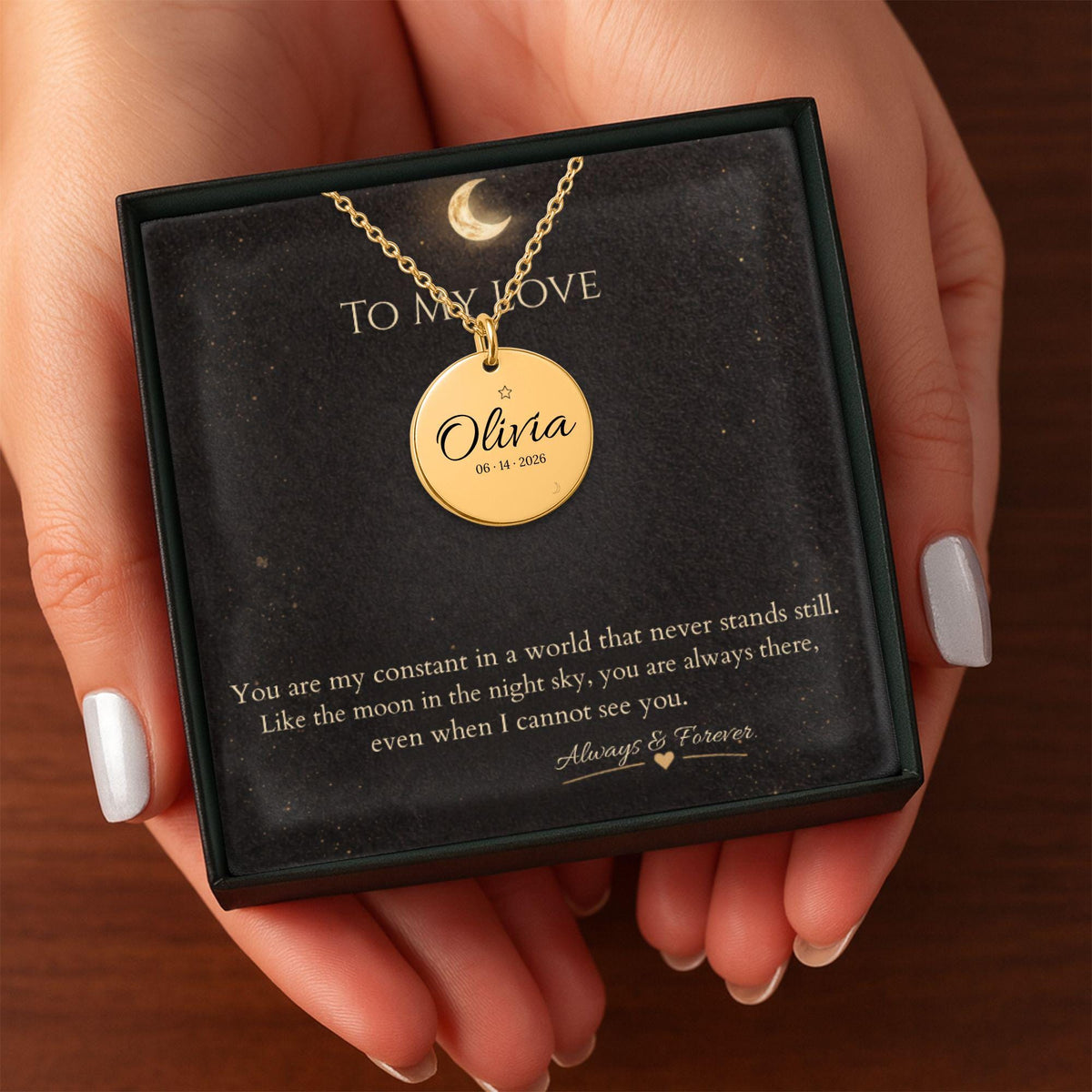 Premium gift box set featuring a personalized gold necklace with engraved name and date, paired with a heartfelt message card and elegant packaging—perfect for meaningful gifting.