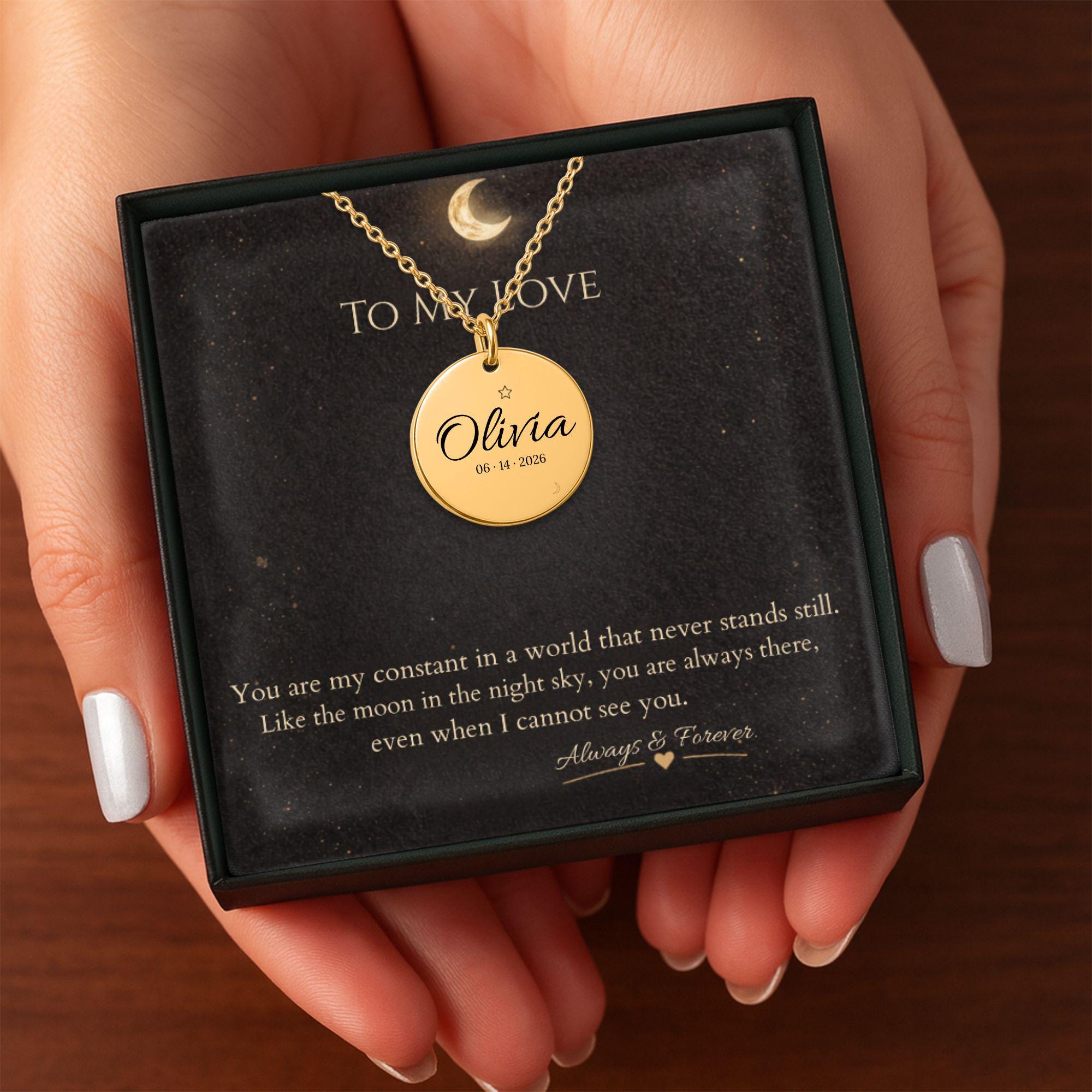 Premium gift box set featuring a personalized gold necklace with engraved name and date, paired with a heartfelt message card and elegant packaging—perfect for meaningful gifting.