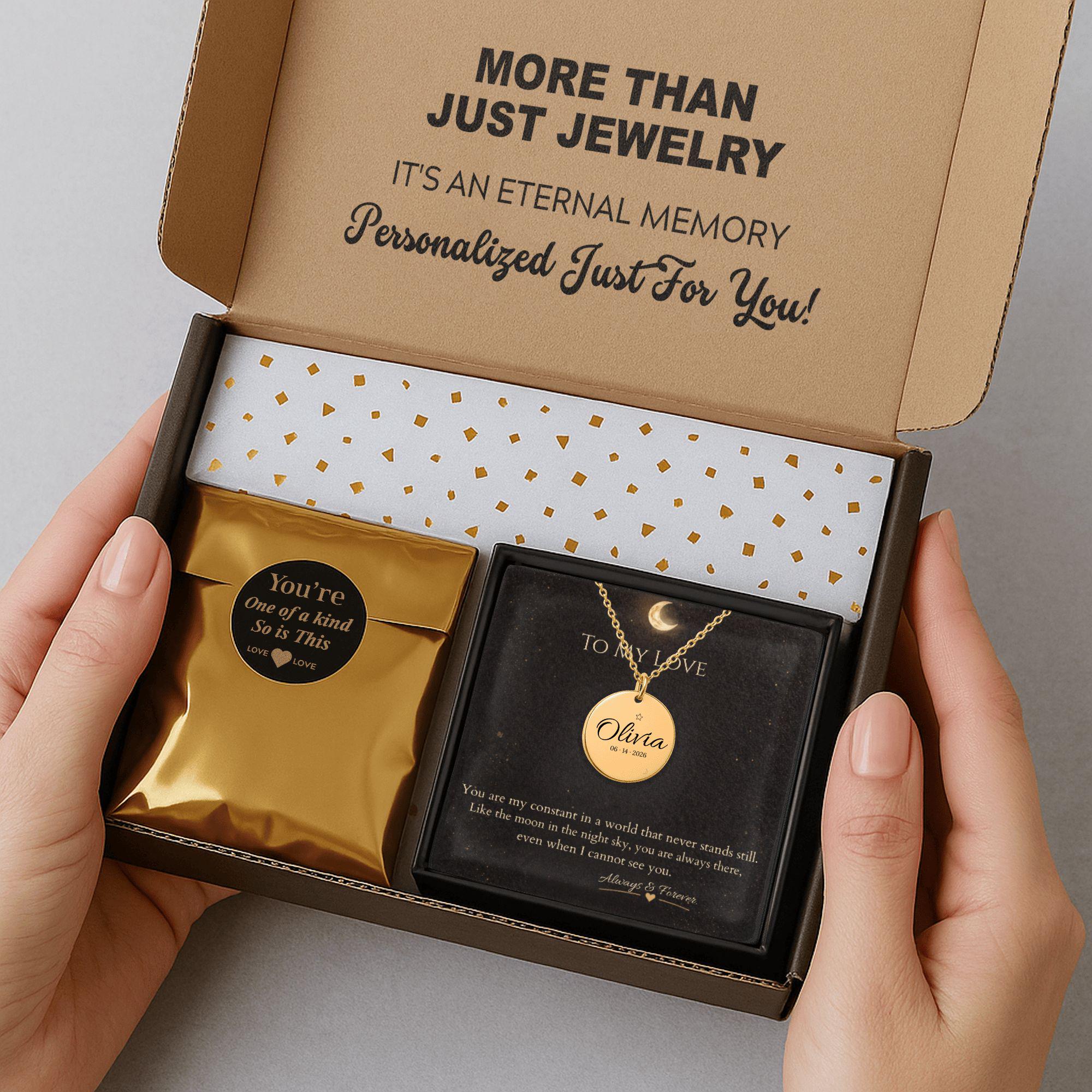 Luxury personalized necklace gift box with engraved gold pendant, custom name Olivia, message card, premium packaging set with elegant presentation