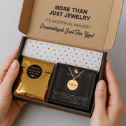 Luxury personalized necklace gift box with engraved gold pendant, custom name Olivia, message card, premium packaging set with elegant presentation