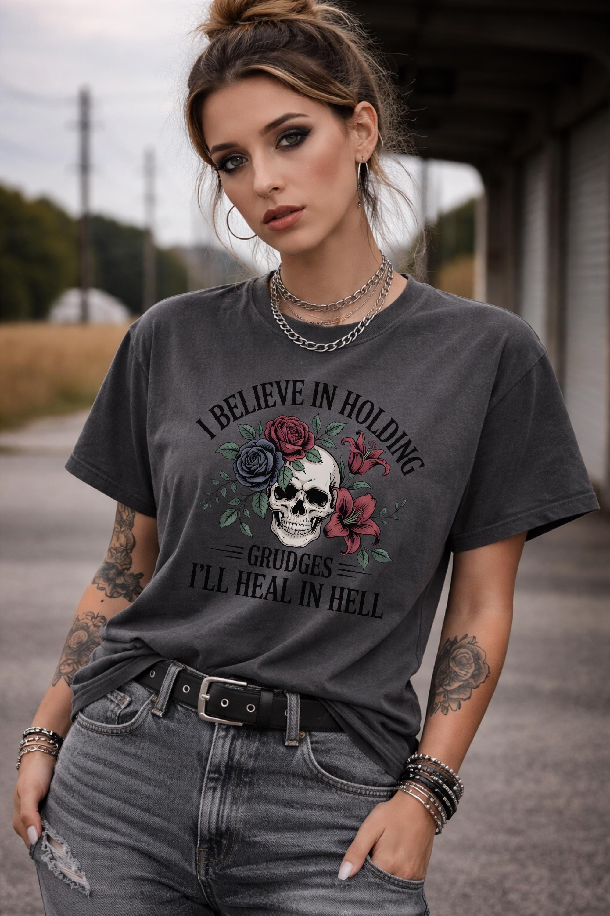 Dark aesthetic skull and roses tee with sarcastic quote, edgy gothic grunge shirt