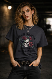 Edgy gothic skull graphic t-shirt with floral design and bold text, dark aesthetic unisex tee, emo grunge clothing style
