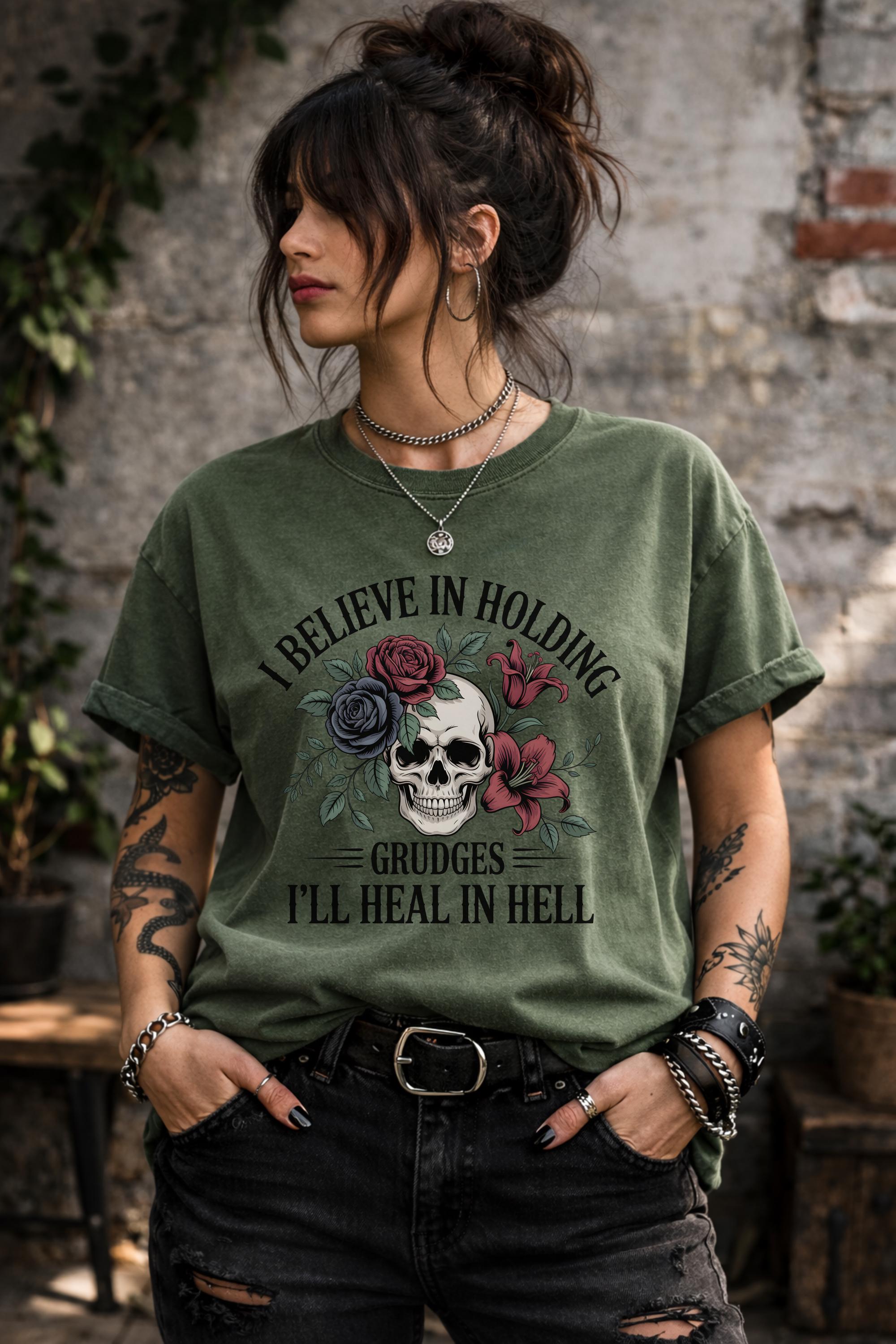 Dark humor skull shirt with red and blue roses, gothic statement tee with sarcastic quote, alternative fashion grunge outfit