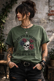 Dark humor skull shirt with red and blue roses, gothic statement tee with sarcastic quote, alternative fashion grunge outfit