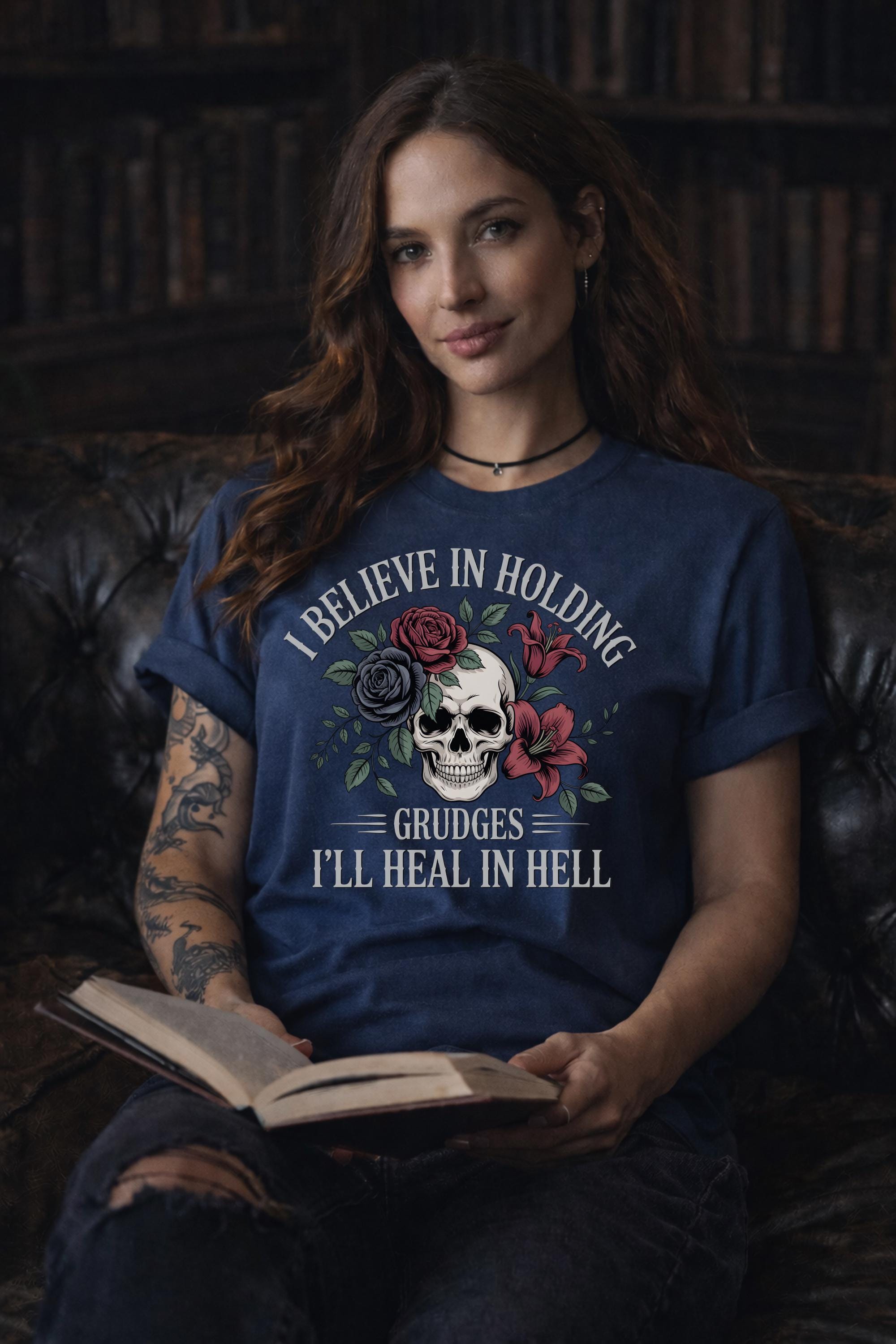 Gothic skull shirt with roses and sarcastic quote, dark aesthetic grunge tee, alternative fashion clothing for women