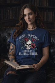 Gothic skull shirt with roses and sarcastic quote, dark aesthetic grunge tee, alternative fashion clothing for women