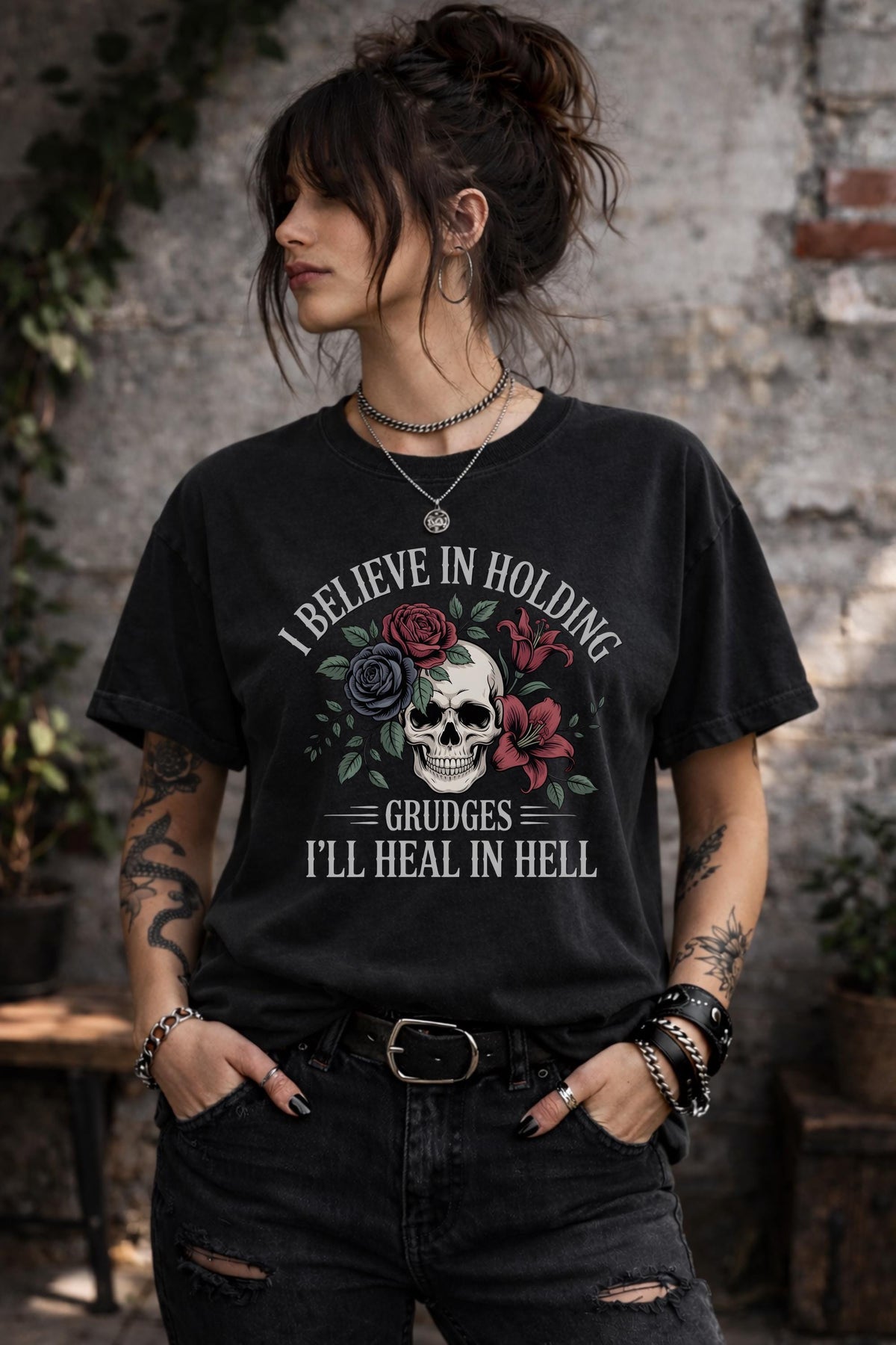 Dark blue gothic skull floral shirt with sarcastic quote, edgy alternative fashion tee, grunge street style outfit