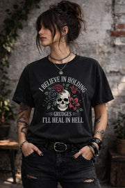 Dark blue gothic skull floral shirt with sarcastic quote, edgy alternative fashion tee, grunge street style outfit
