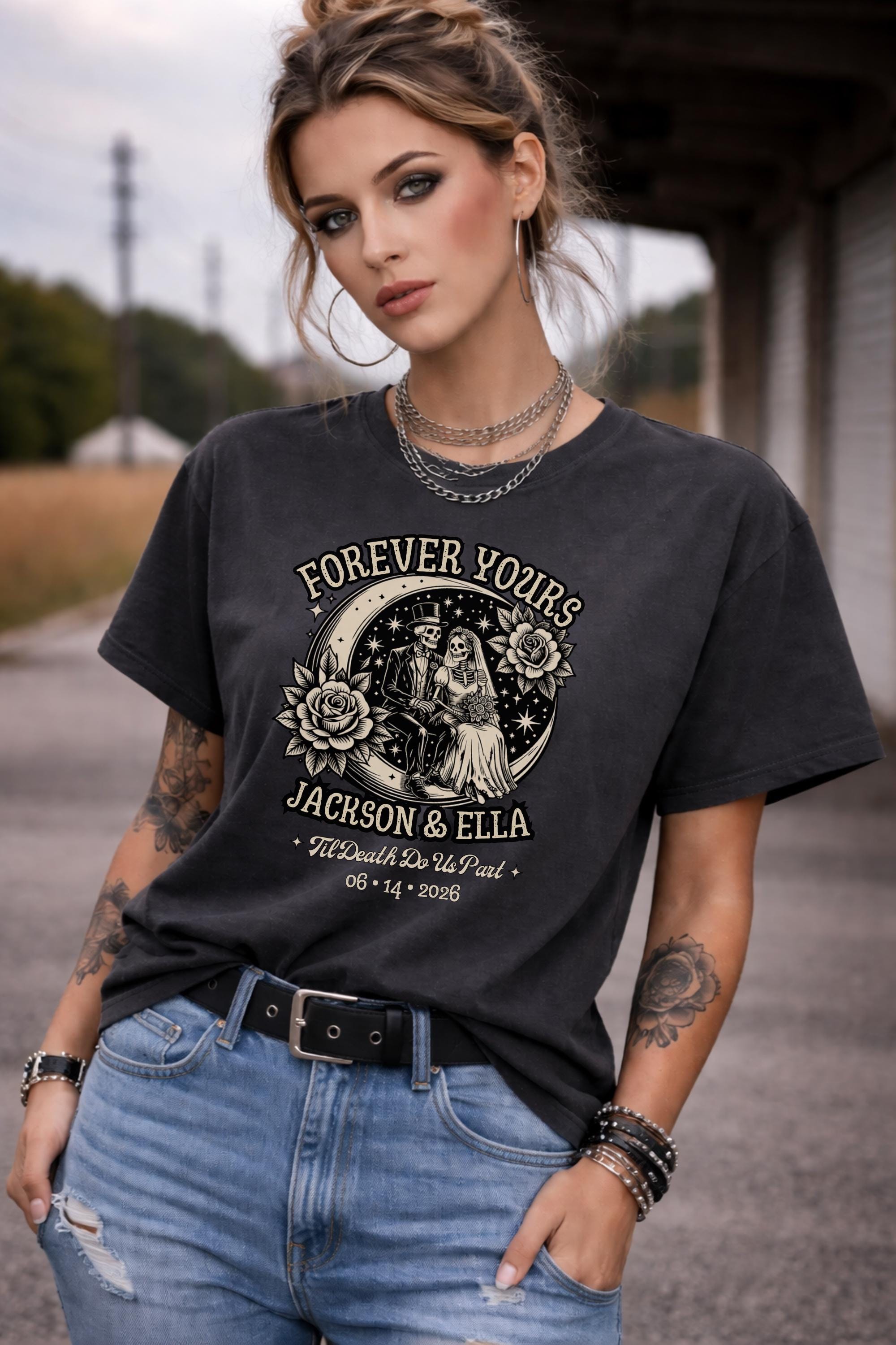 Custom skeleton couple shirt forever yours gothic wedding design with personalized names and anniversary date