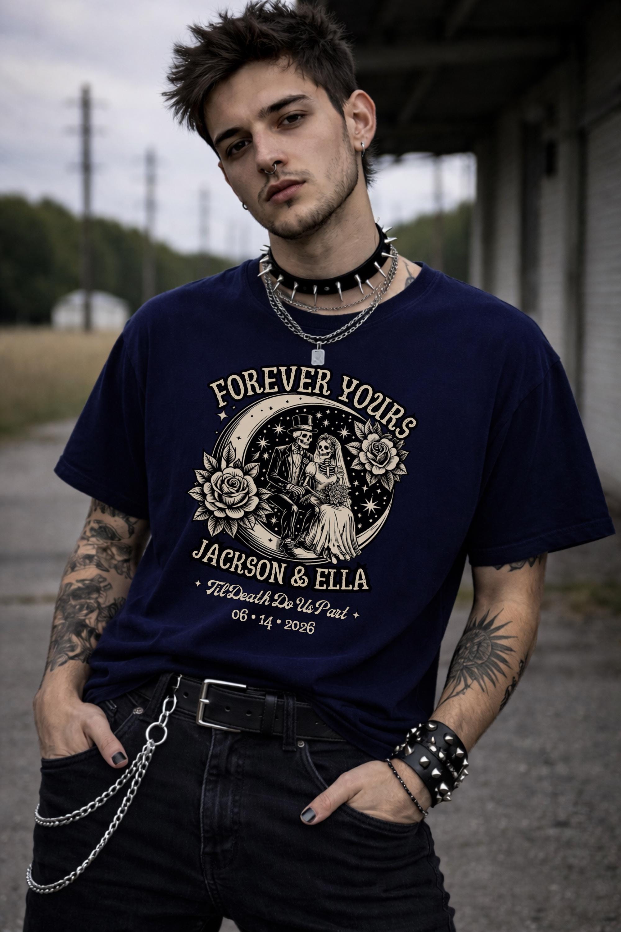 Forever Yours gothic shirt custom skeleton wedding design with names Jackson and Ella dark aesthetic tee