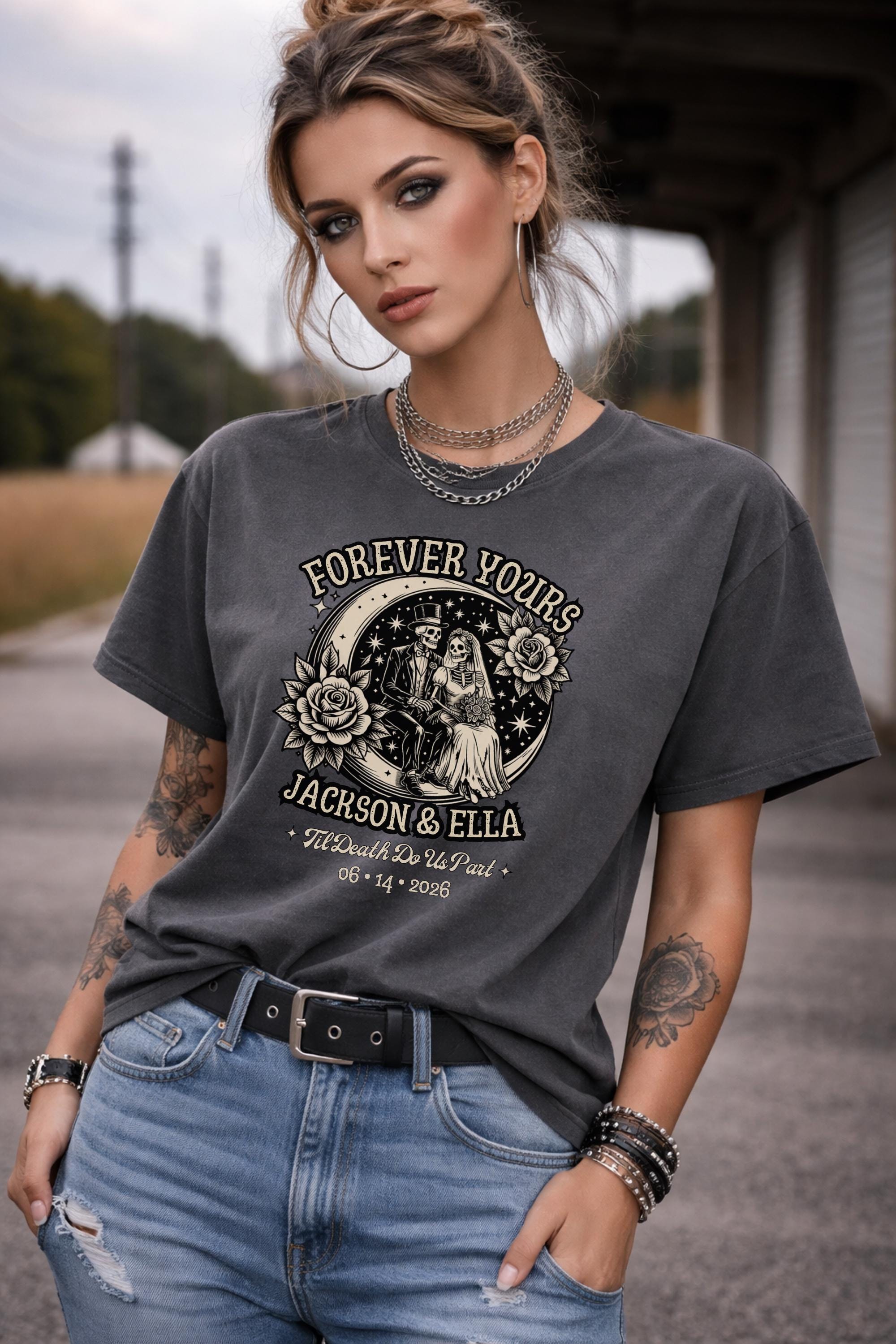 Personalized gothic couple shirt skeleton bride groom with custom names and wedding date dark romance t-shirt