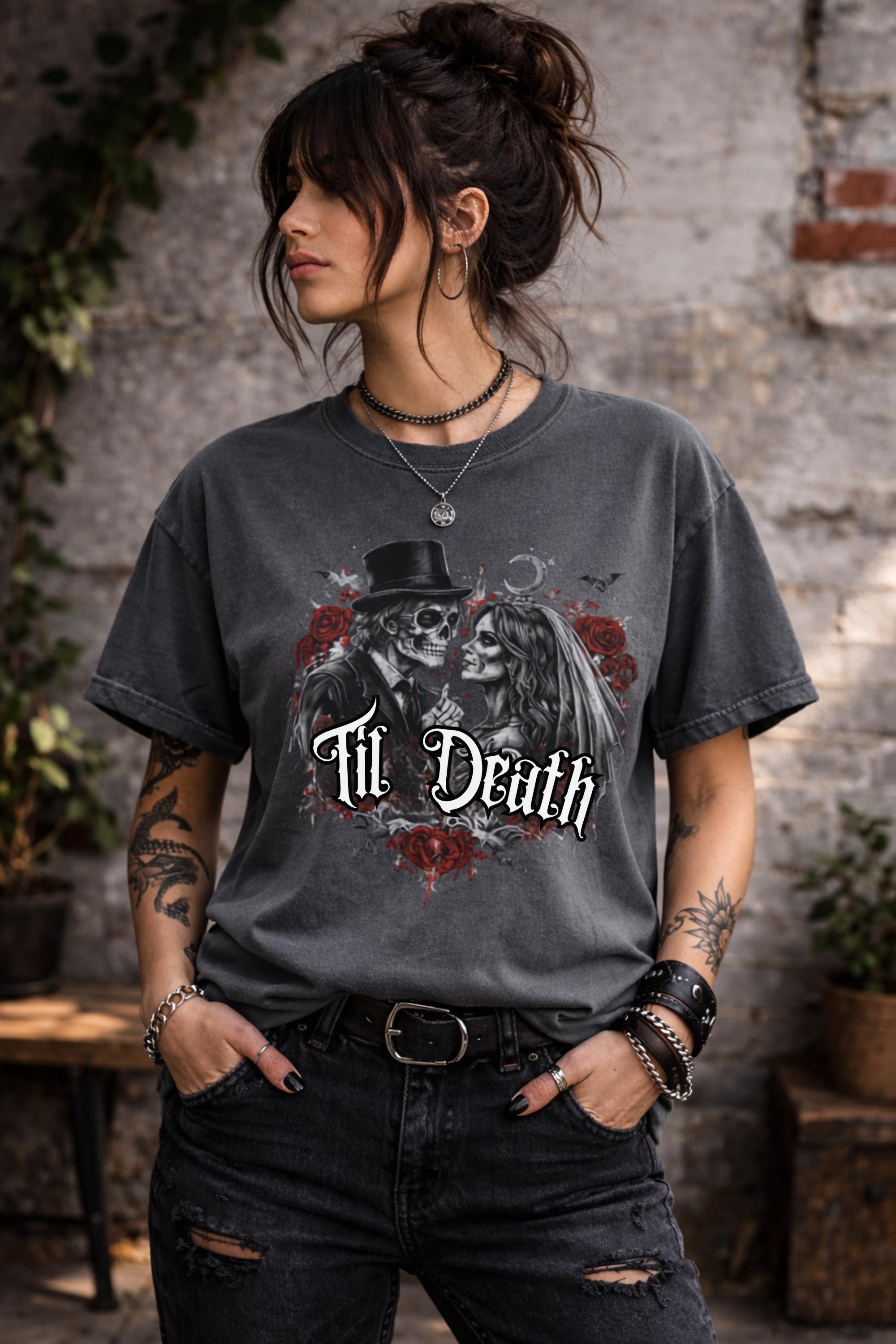 Gothic Til Death shirt featuring skeleton bride and groom with roses black alternative fashion outfit
