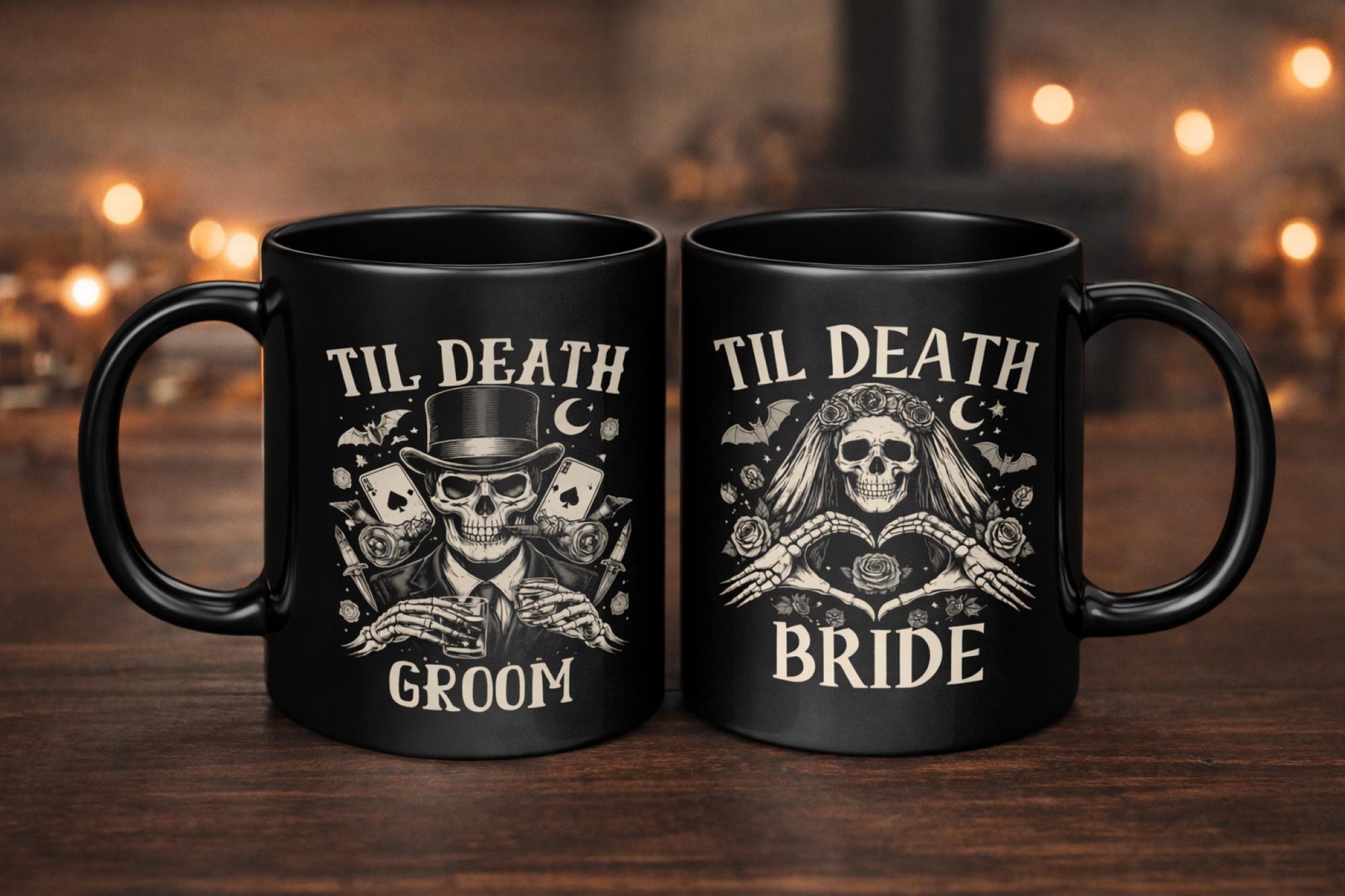 Gothic skeleton bride and groom mug set with til death design on black ceramic mugs styled with candles and dark aesthetic background