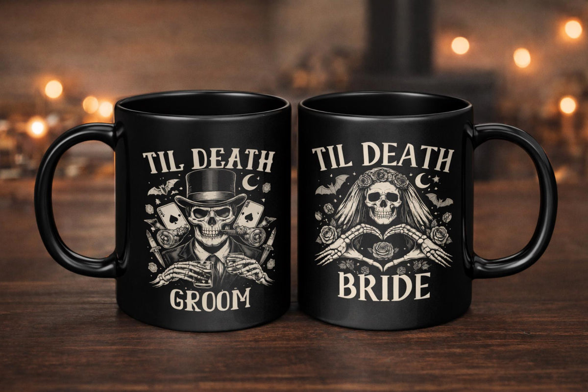 Gothic skeleton bride and groom mug set with til death design on black ceramic mugs styled with candles and dark aesthetic background