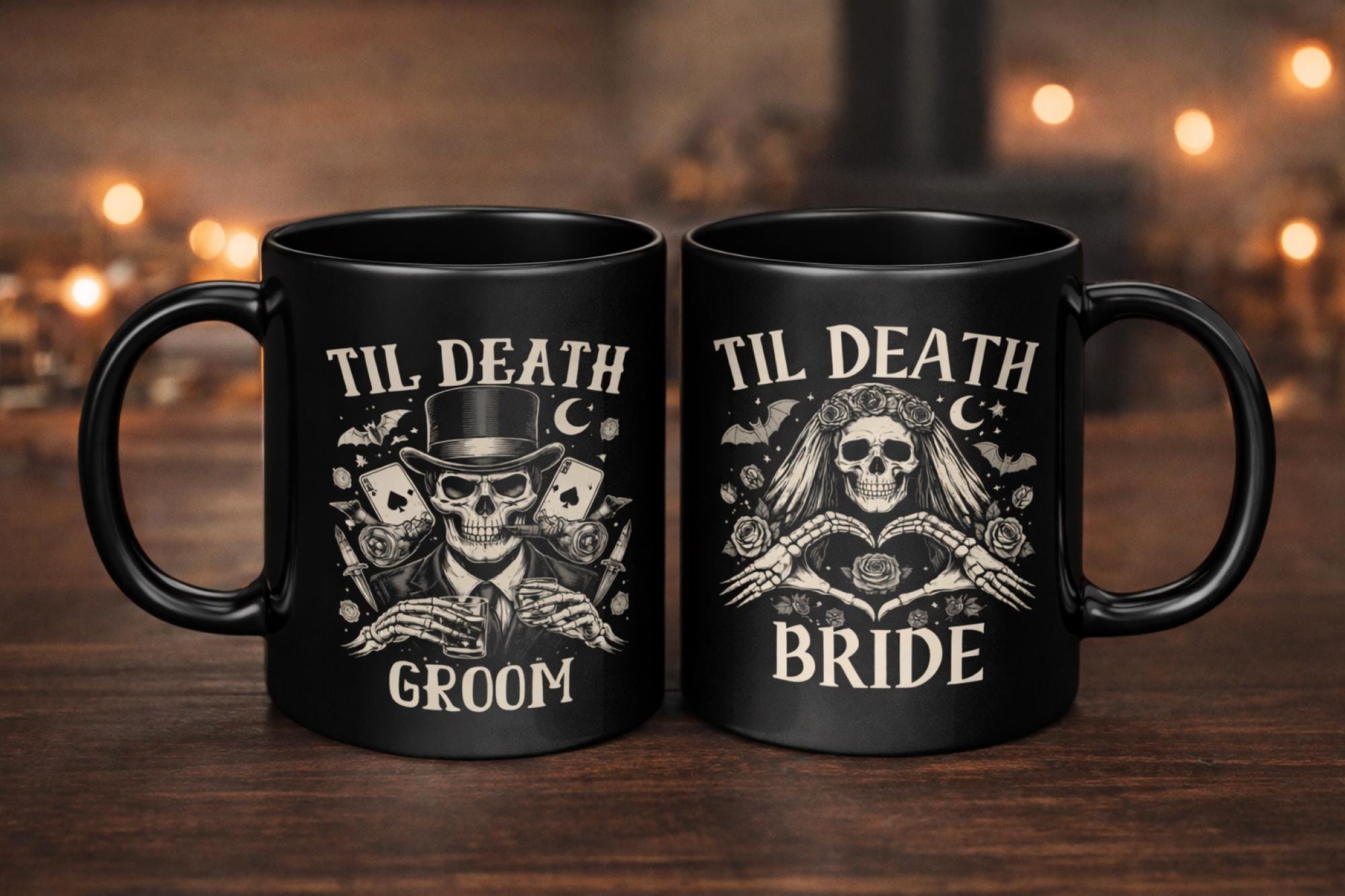 Gothic skeleton bride and groom mug set with til death design on black ceramic mugs styled with candles and dark aesthetic background