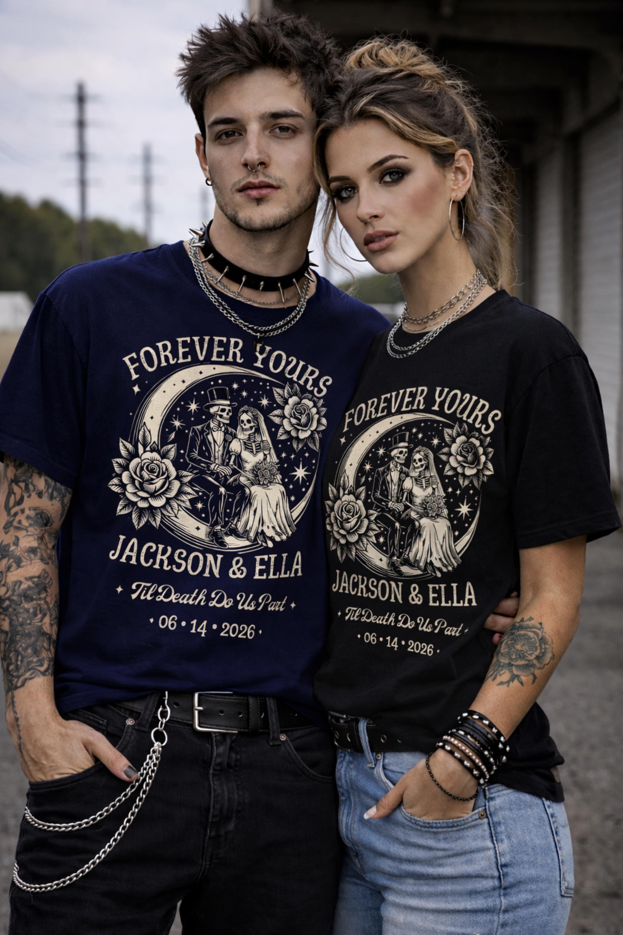 Custom gothic wedding shirt with skeleton bride and groom design forever yours text personalized names and date dark aesthetic tee
