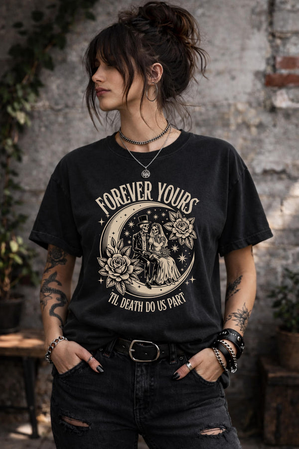 Gothic forever yours shirt with skeleton bride and groom design black dark romance aesthetic t-shirt worn by woman