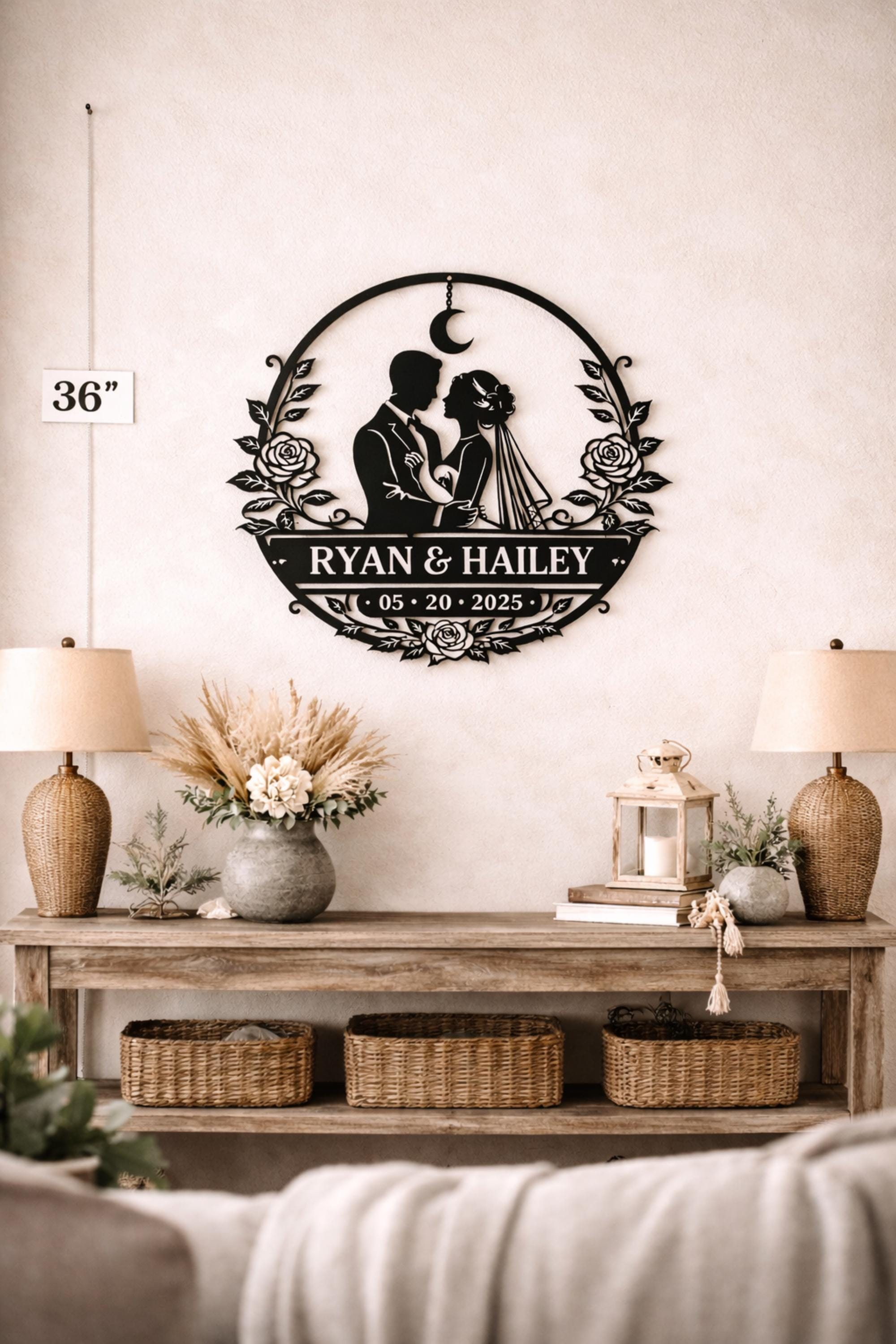 Minimal wedding decor sign with couple design displayed above mantel with soft lighting