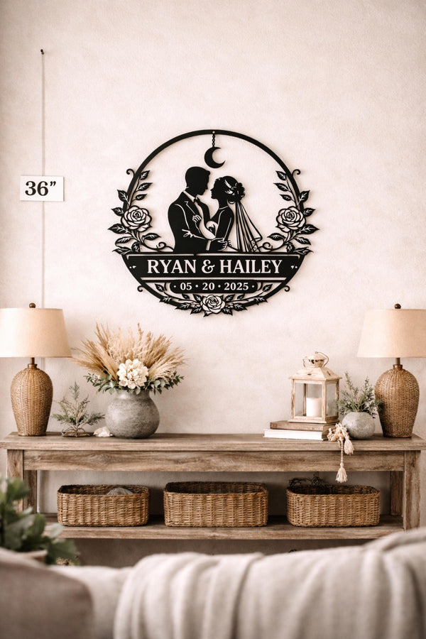 Minimal wedding decor sign with couple design displayed above mantel with soft lighting