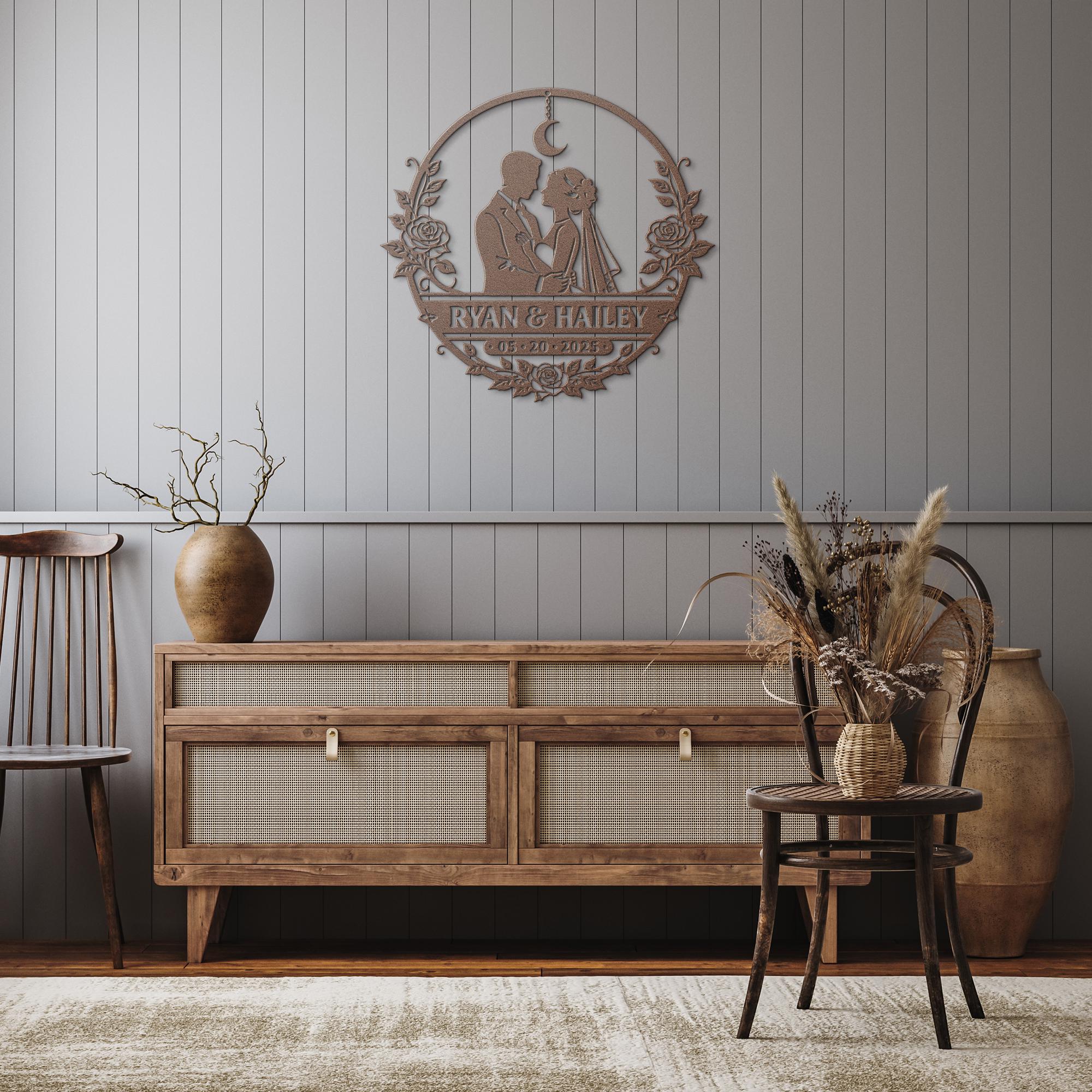 Minimal wedding decor sign with couple design displayed above mantel with soft lighting