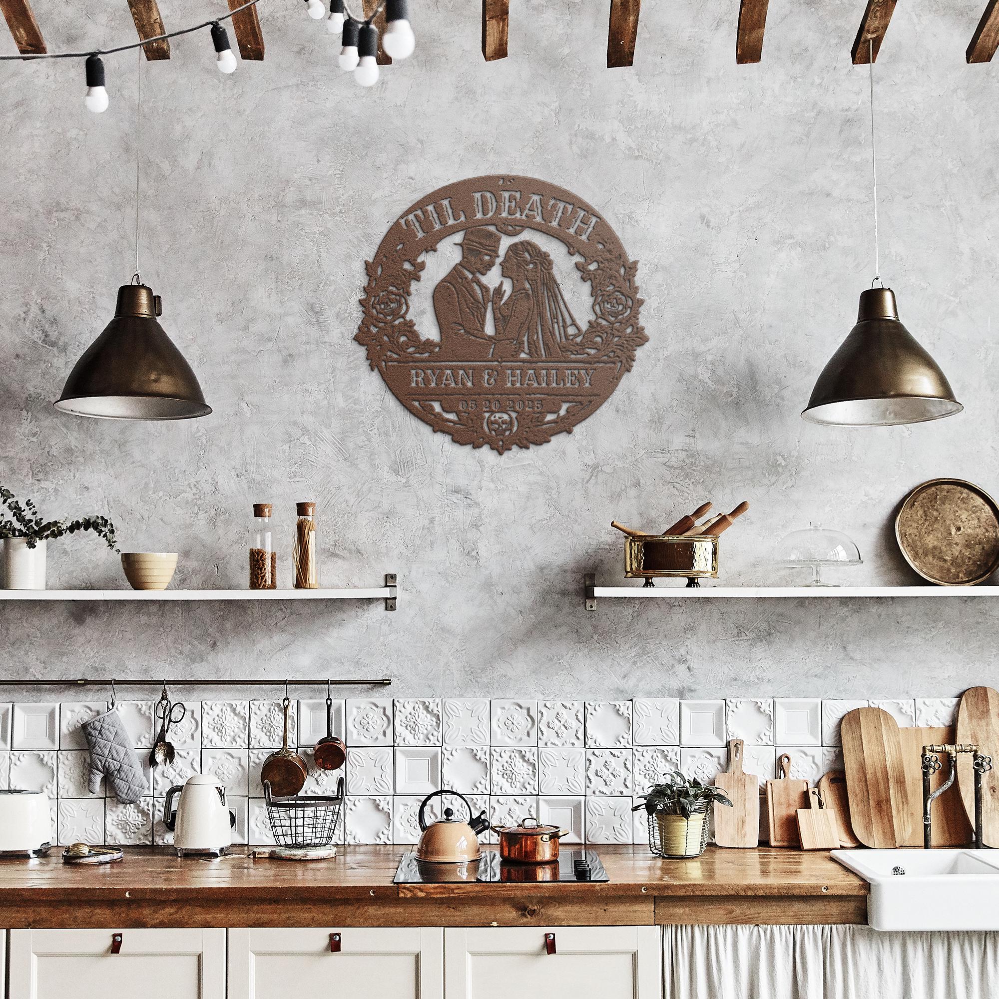 Custom name decor with til death theme displayed in rustic setting with soft lighting and decorative accents