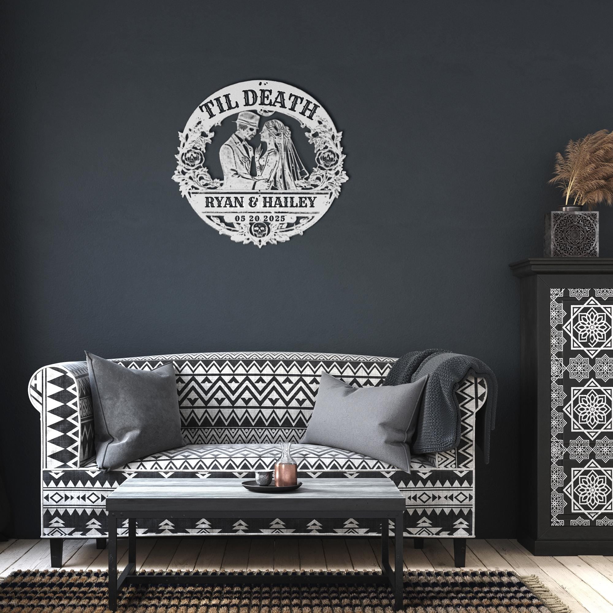 Personalized dark romance wall art featuring couple silhouette and date styled in a cozy neutral living space