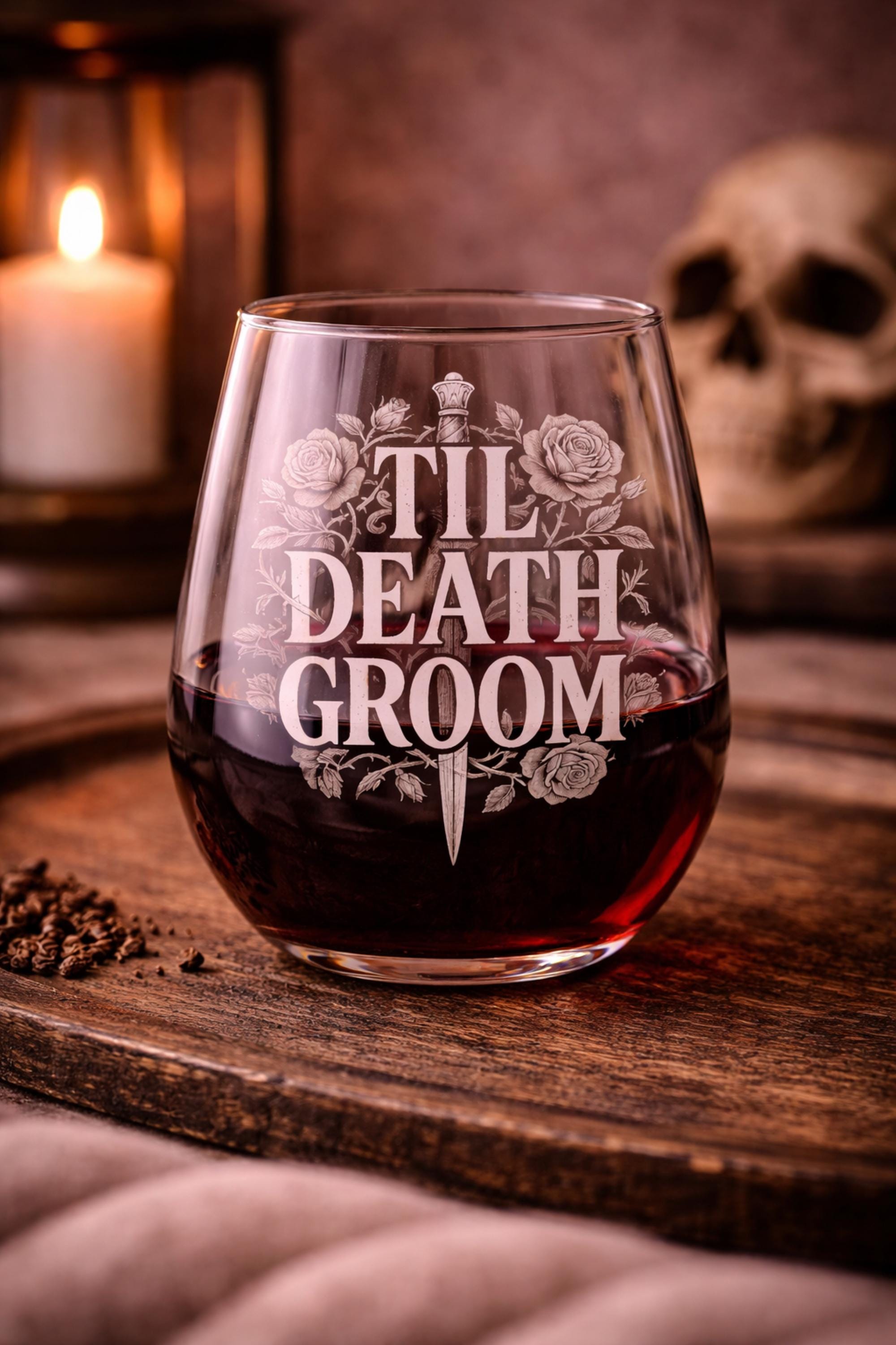 Groom wine glass gothic til death design stemless glass alternative wedding gift