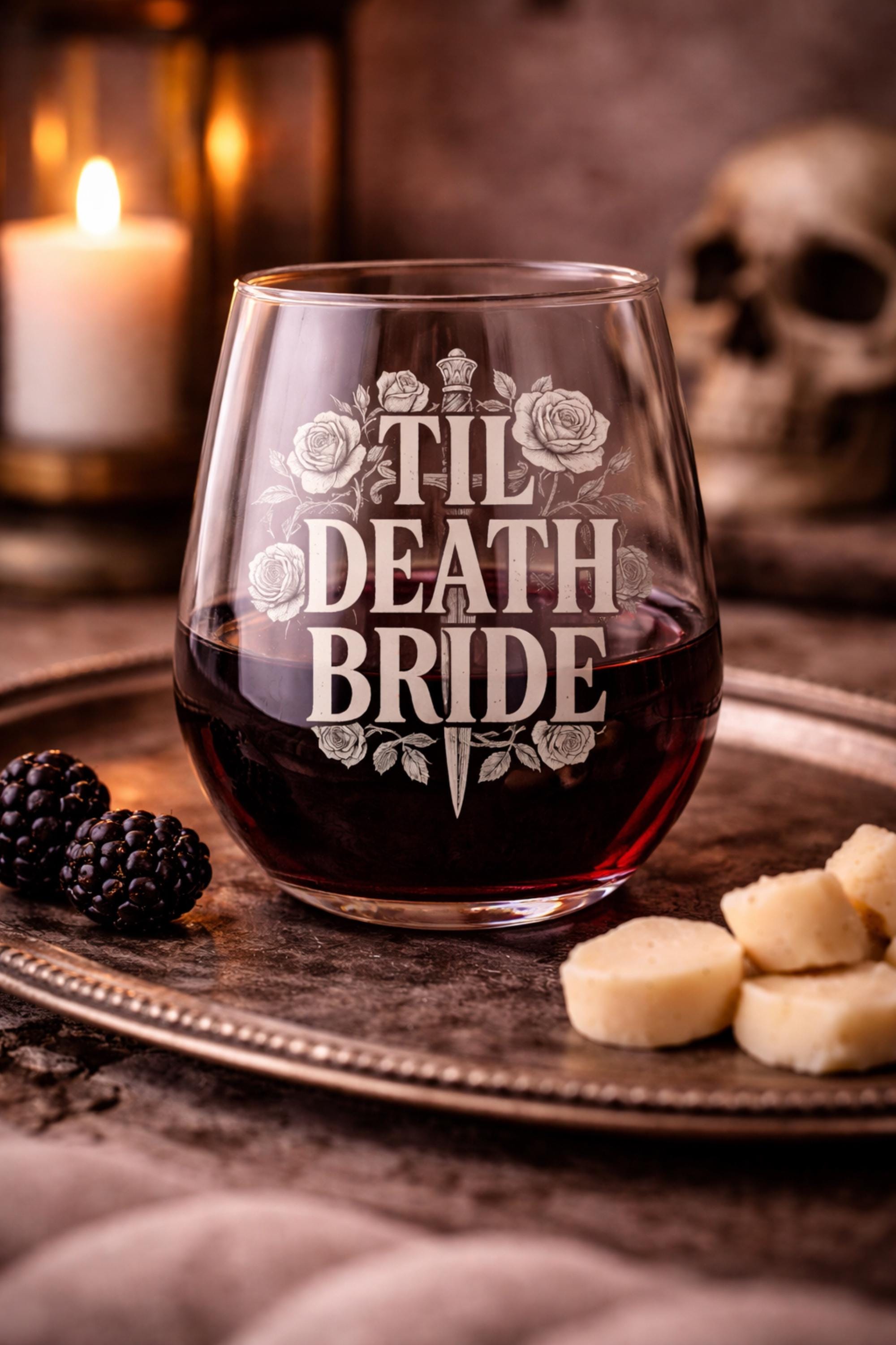 Til death bride wine glass gothic design with roses and dagger dark wedding drinkware