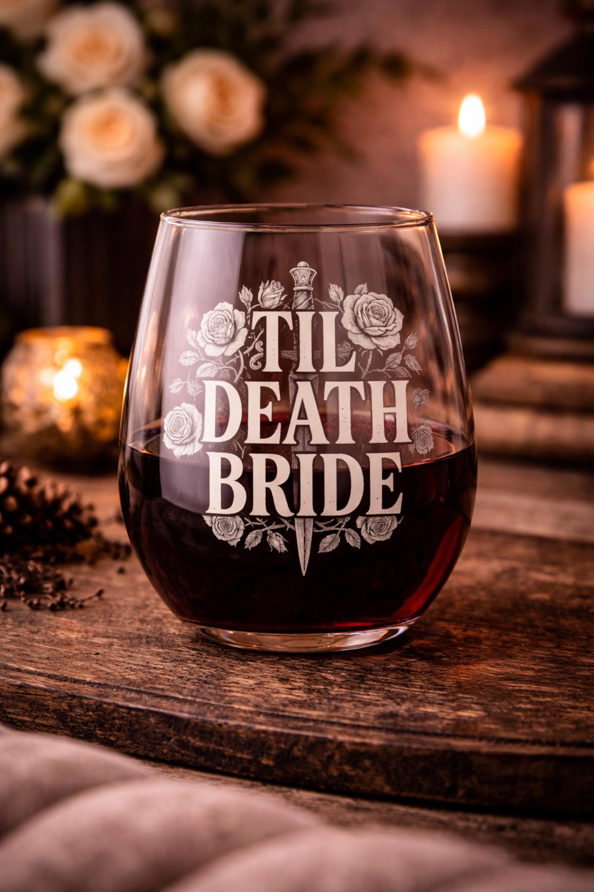 Til death bride wine glass gothic design with roses and dagger dark wedding drinkware