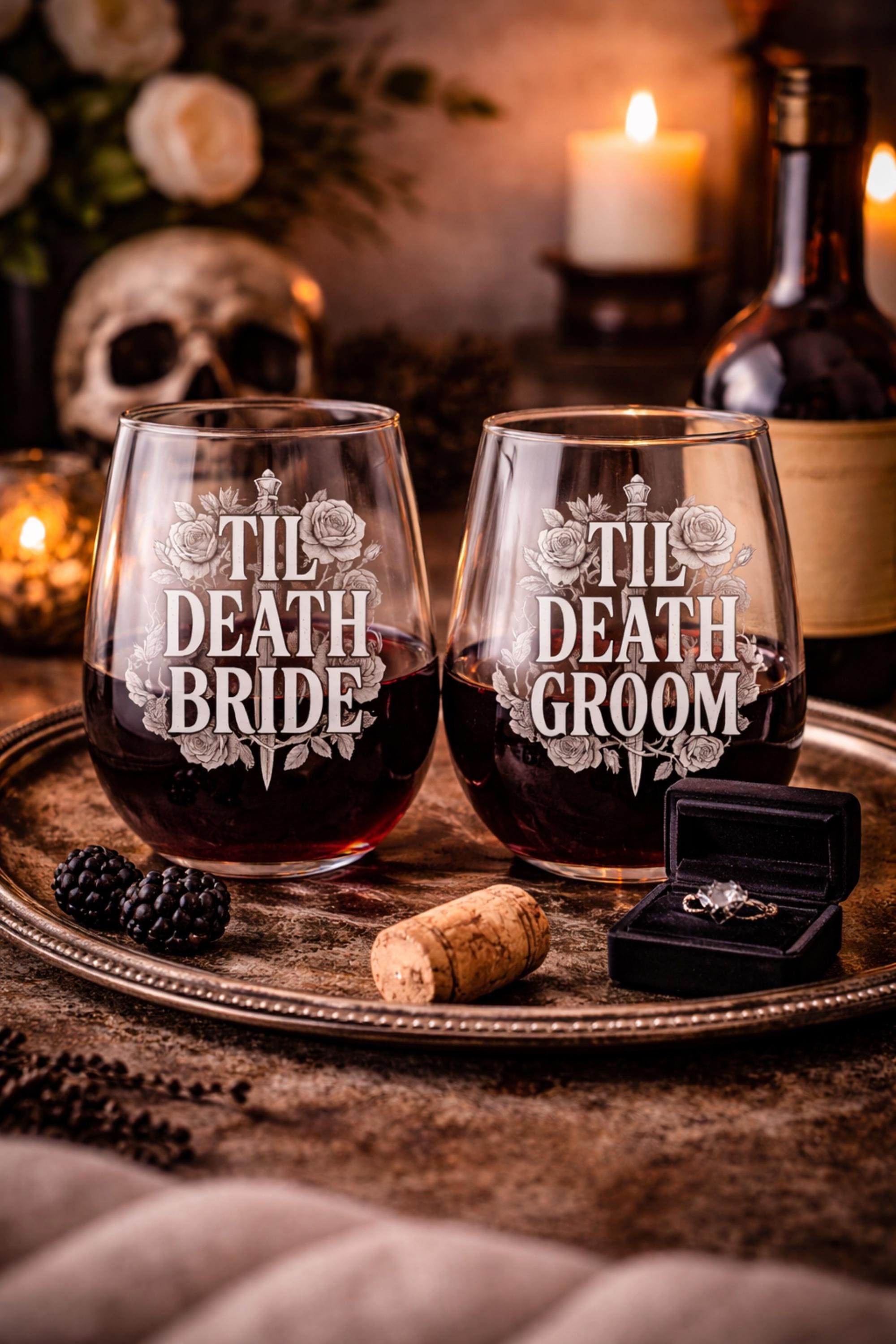 Gothic wedding drinkware til death bride groom design stemless wine glasses