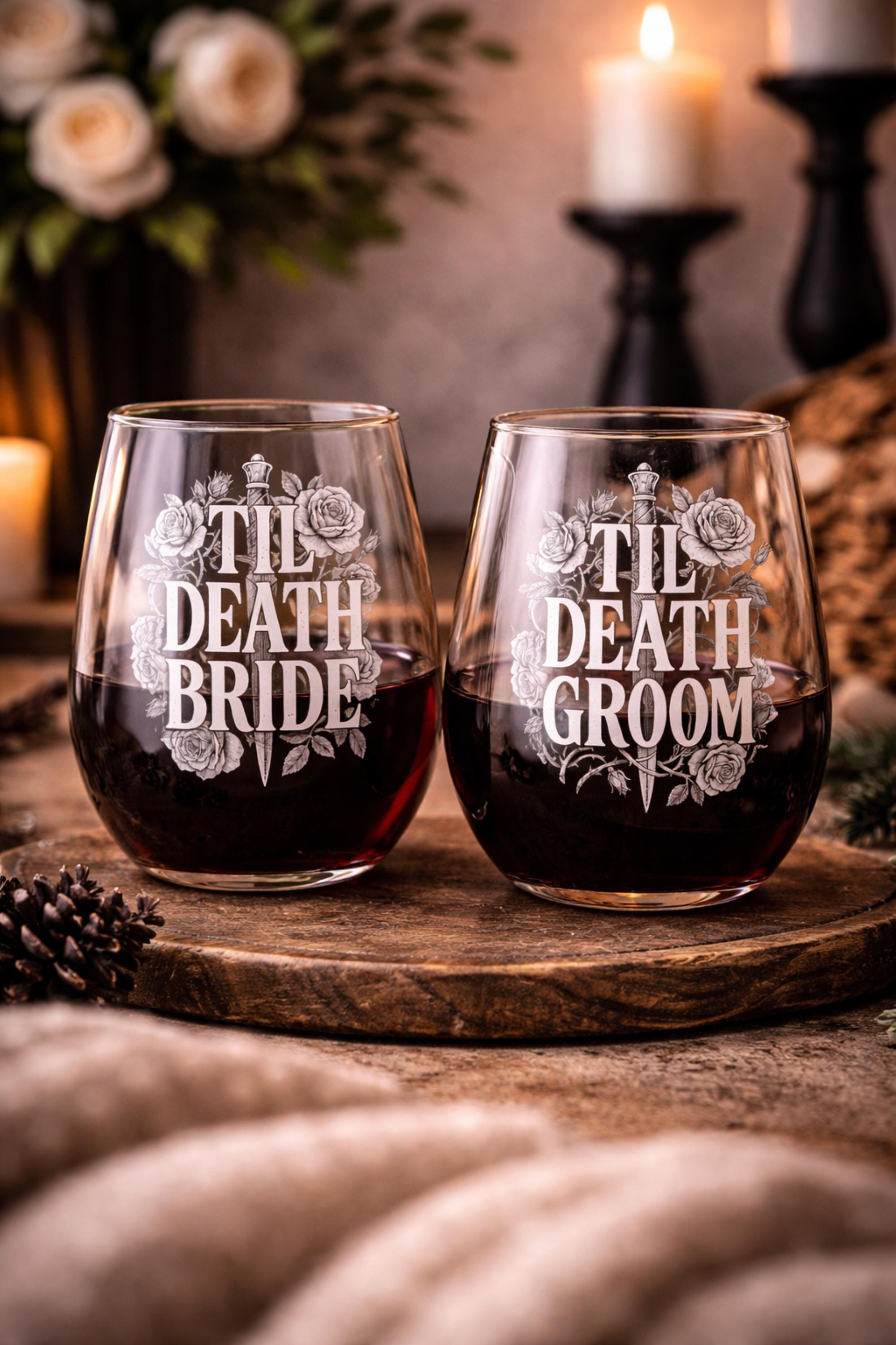 Gothic til death bride and groom wine glasses with floral and dagger design stemless glass dark romantic aesthetic