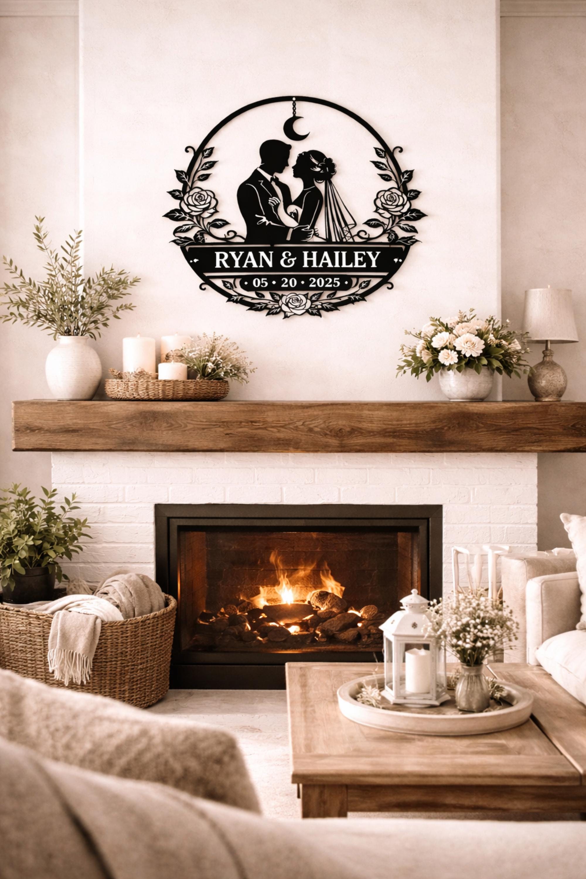 Personalized metal wall decor above fireplace featuring couple silhouette with custom names and date in a cozy living room setting