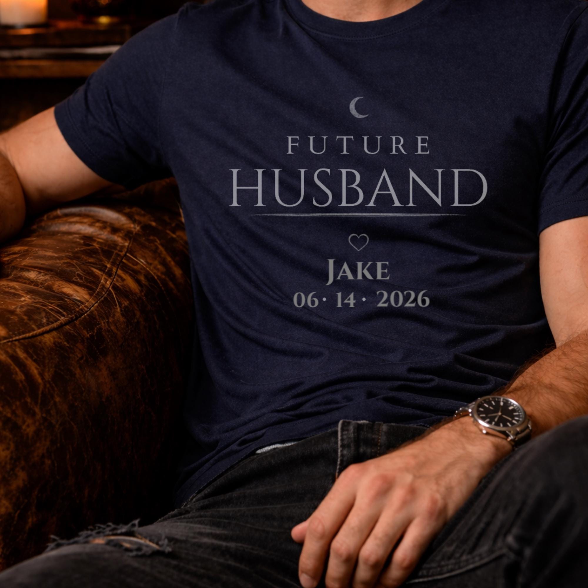 matching future husband and future wife shirts with personalized names and date worn by couple in moody dark romance style