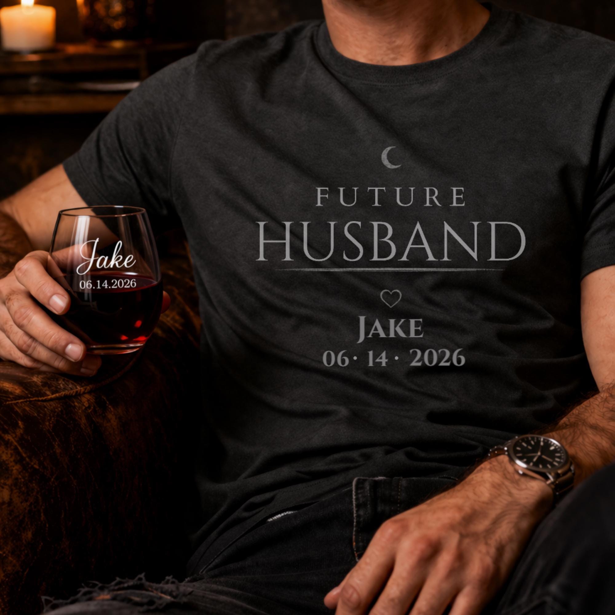 matching future husband and future wife shirts with personalized names and date worn by couple in moody dark romance style