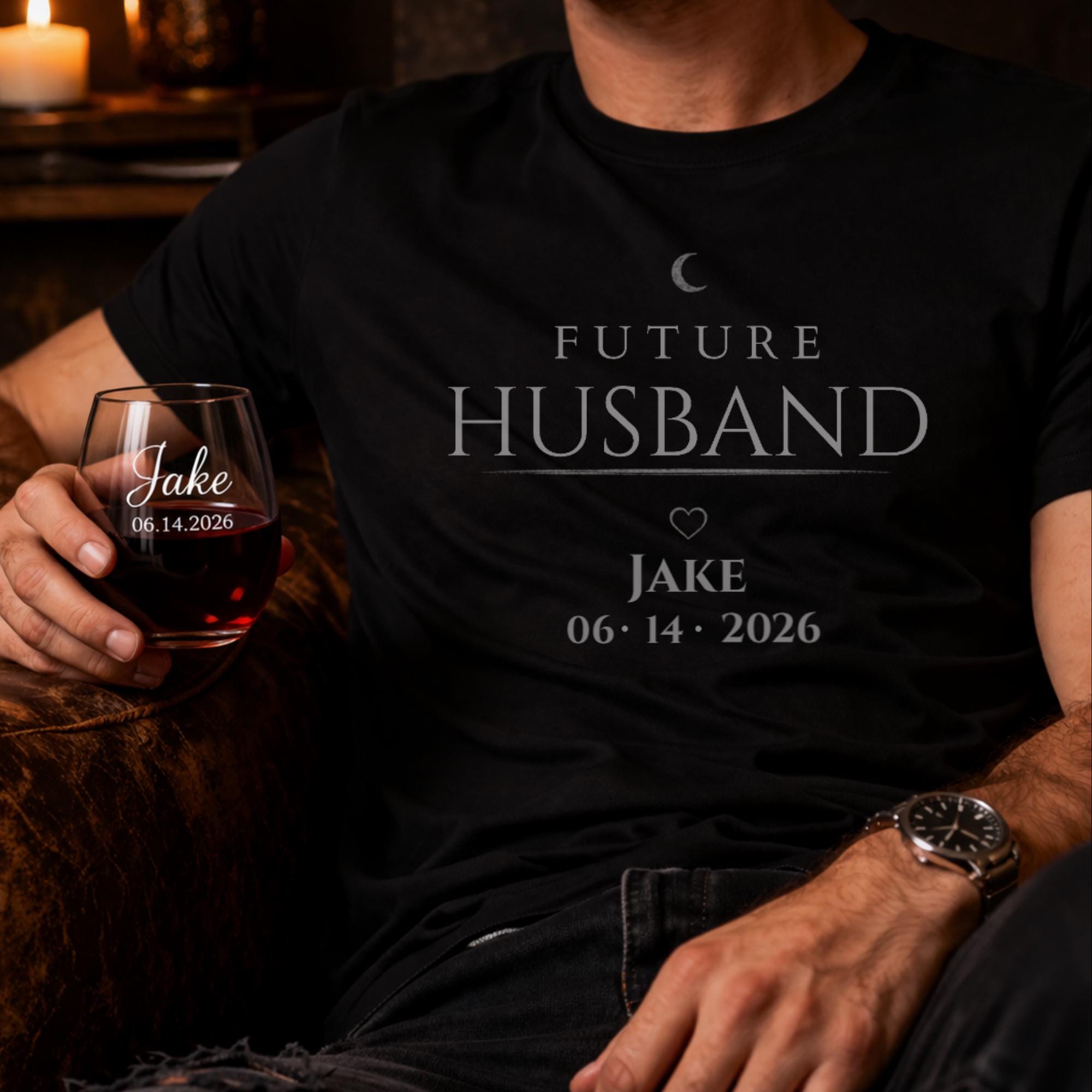 matching future husband and future wife shirts with personalized names and date worn by couple in moody dark romance style