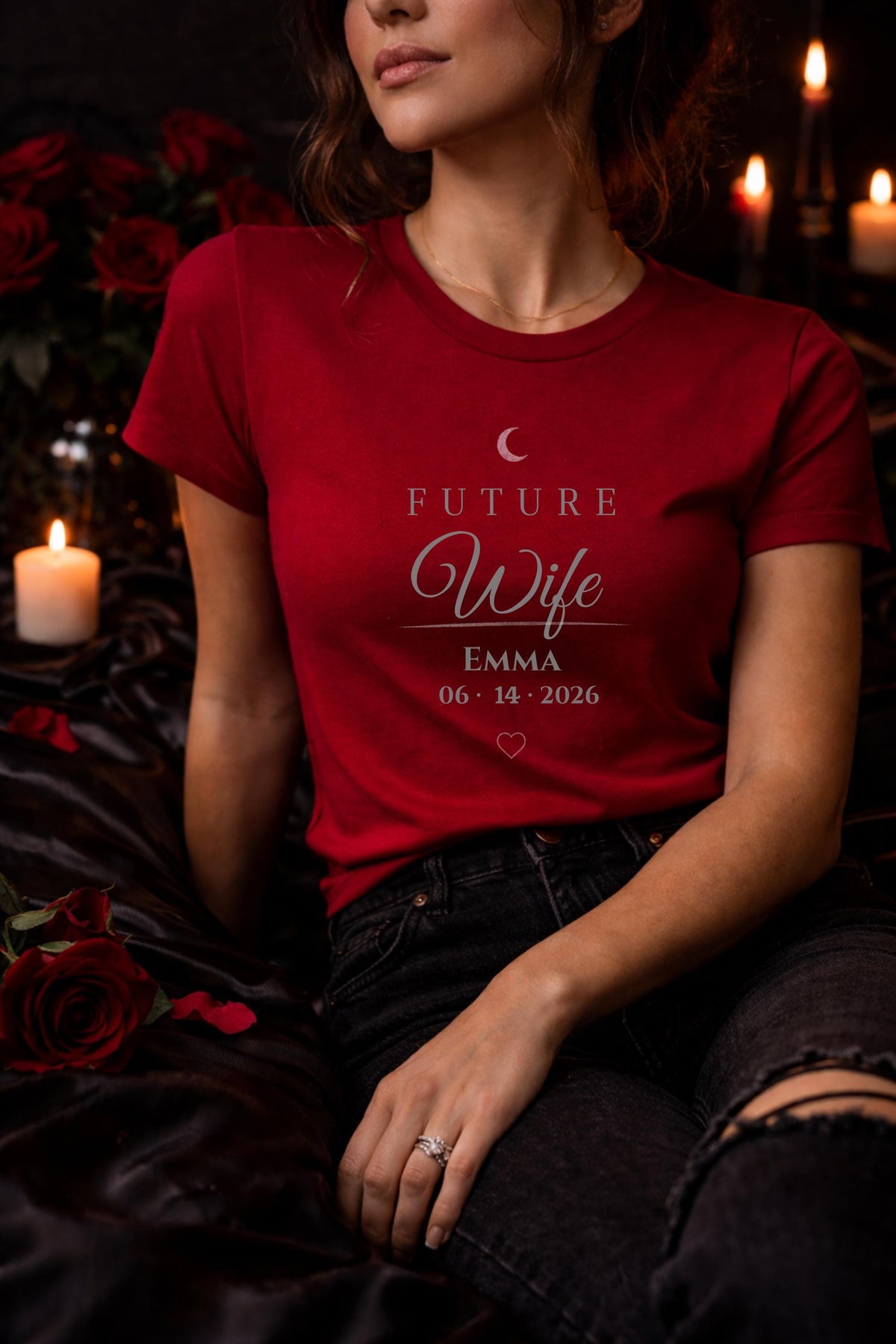 matching future husband and future wife shirts with personalized names and date worn by couple in moody dark romance style