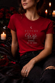 matching future husband and future wife shirts with personalized names and date worn by couple in moody dark romance style
