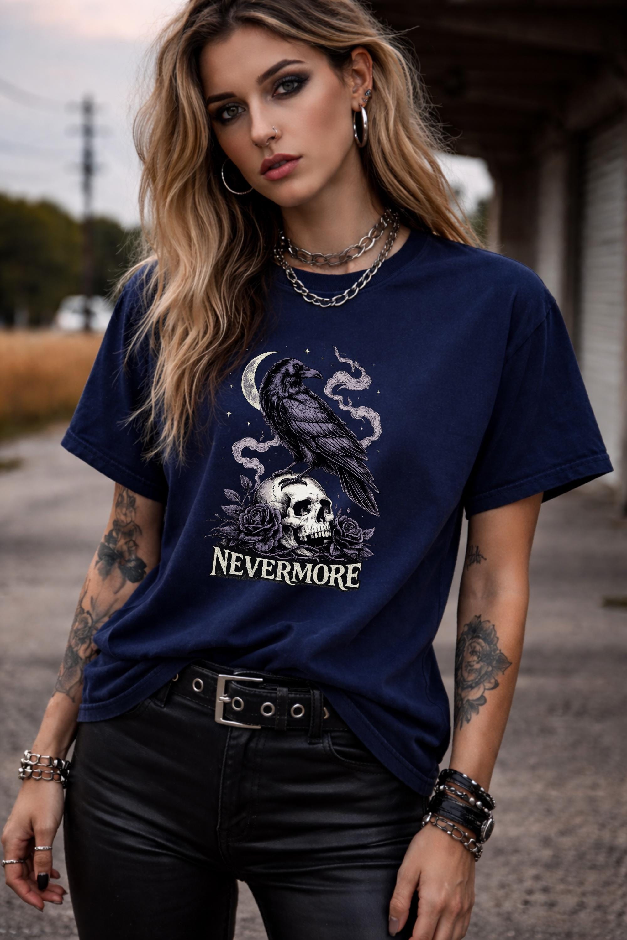 gothic raven perched on skull with roses and crescent moon featuring nevermore text in dark aesthetic style