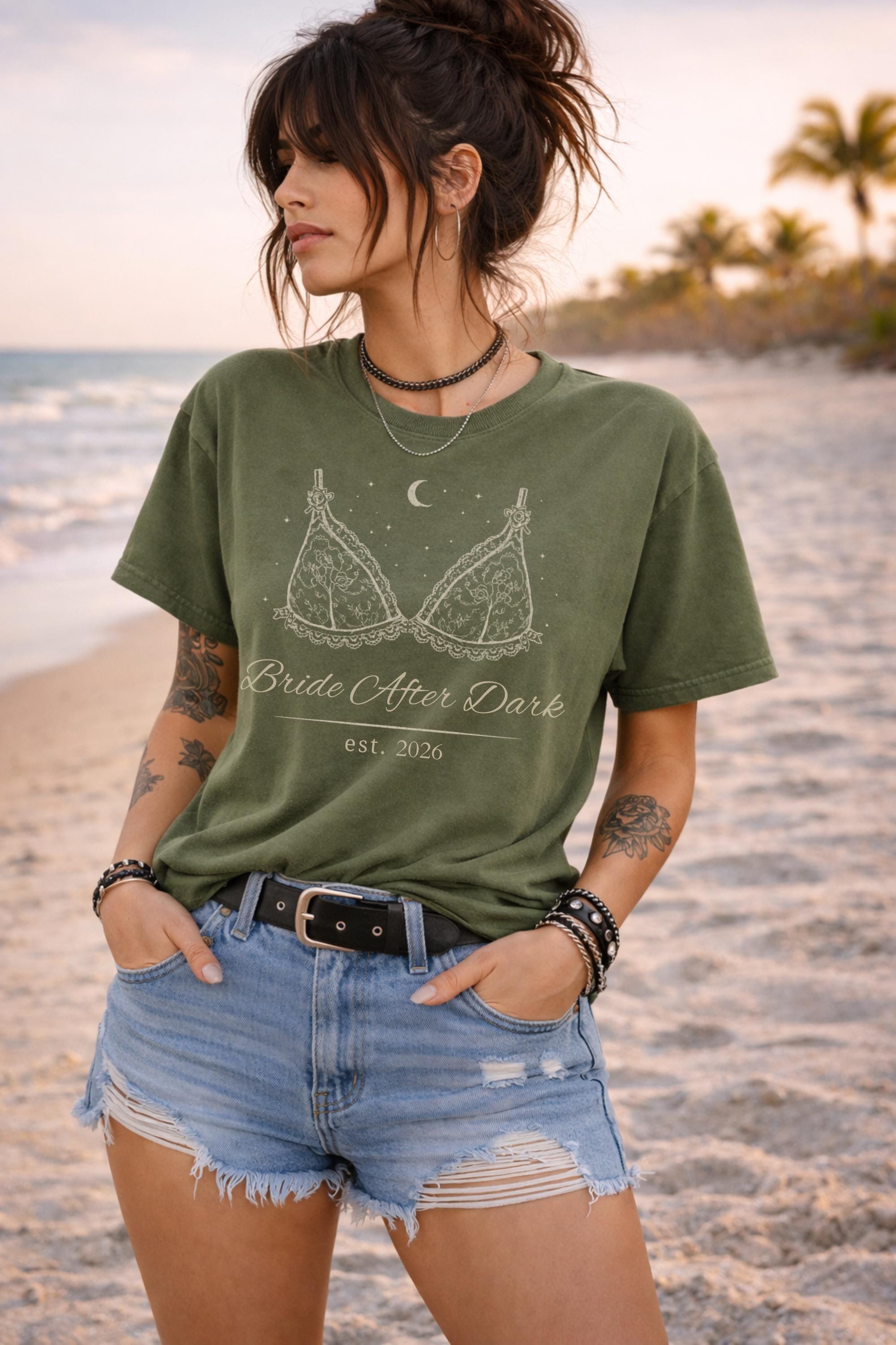 dark romance bride after dark design printed on comfort colors t-shirt with lace lingerie graphic and moon details