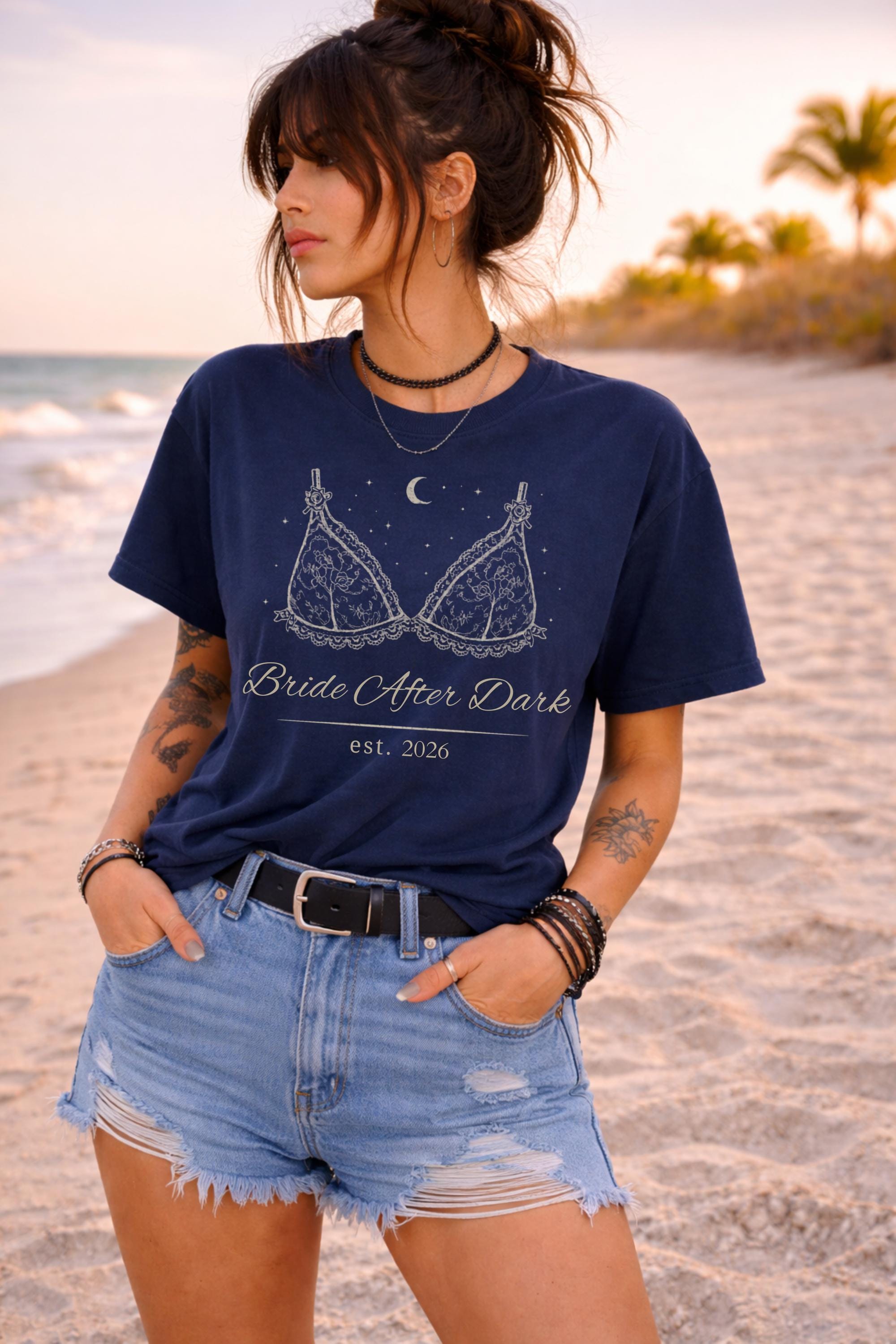 dark romance bride after dark design printed on comfort colors t-shirt with lace lingerie graphic and moon details