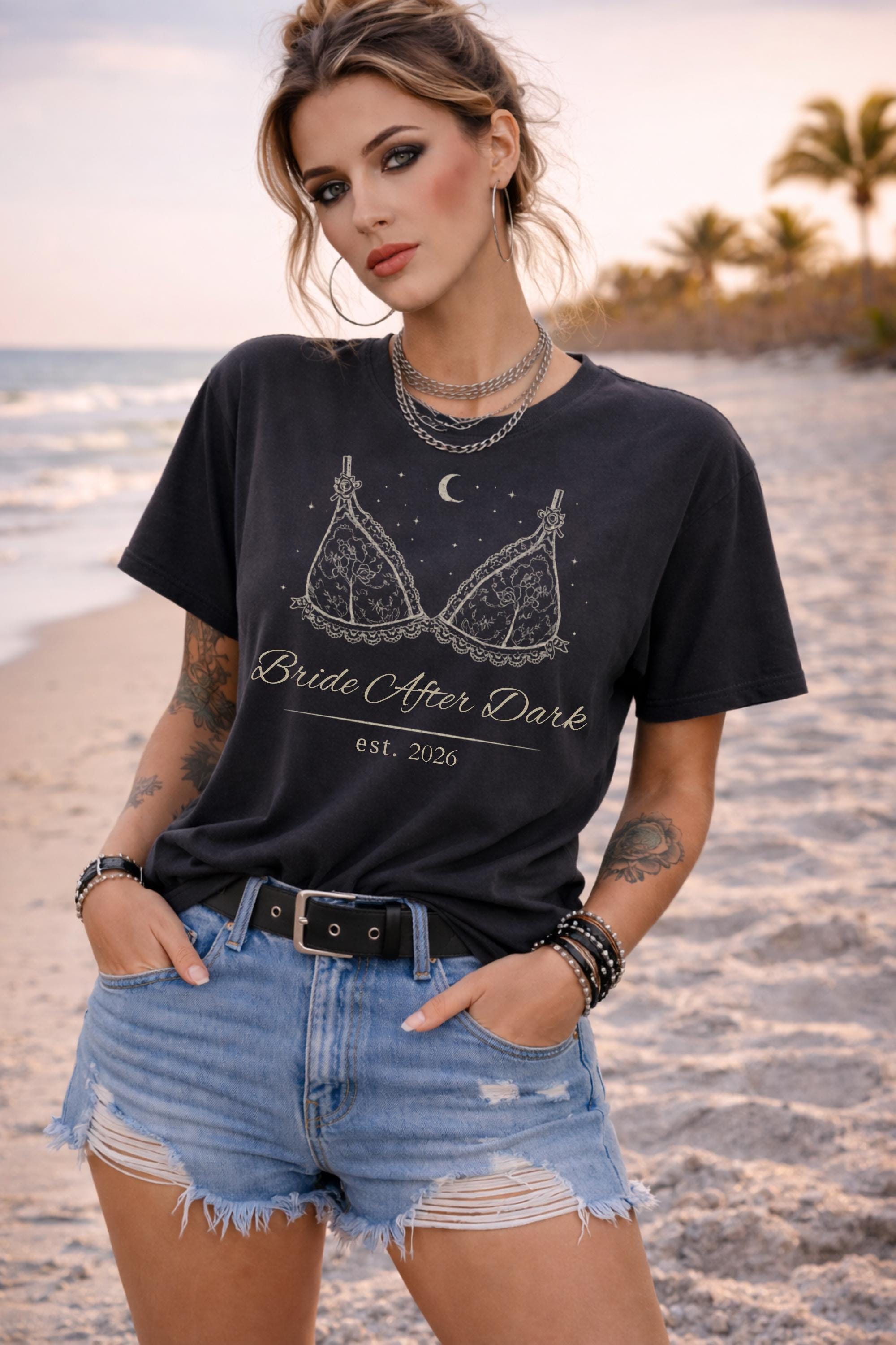 dark romance bride after dark design printed on comfort colors t-shirt with lace lingerie graphic and moon details