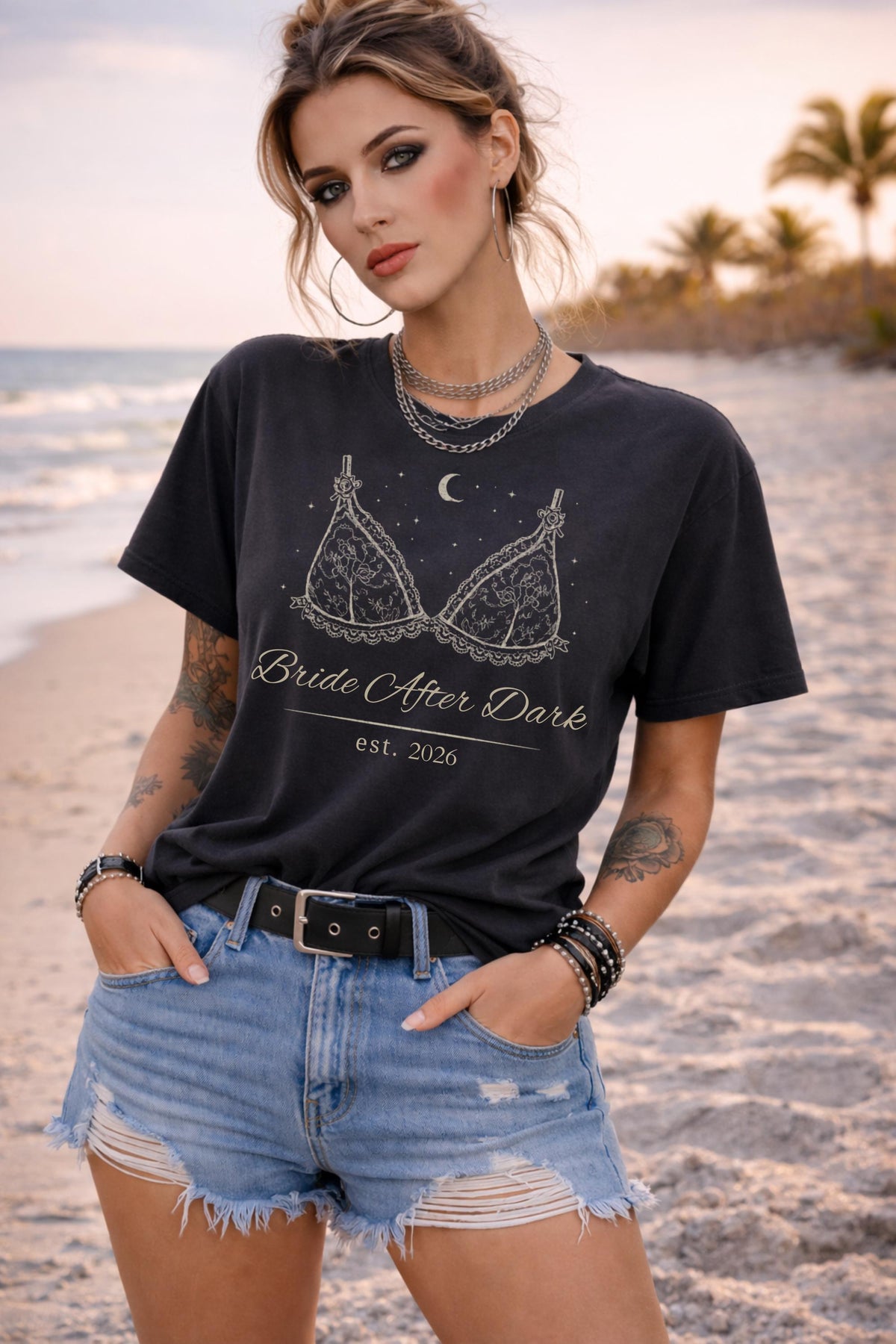 dark romance bride after dark design printed on comfort colors t-shirt with lace lingerie graphic and moon details