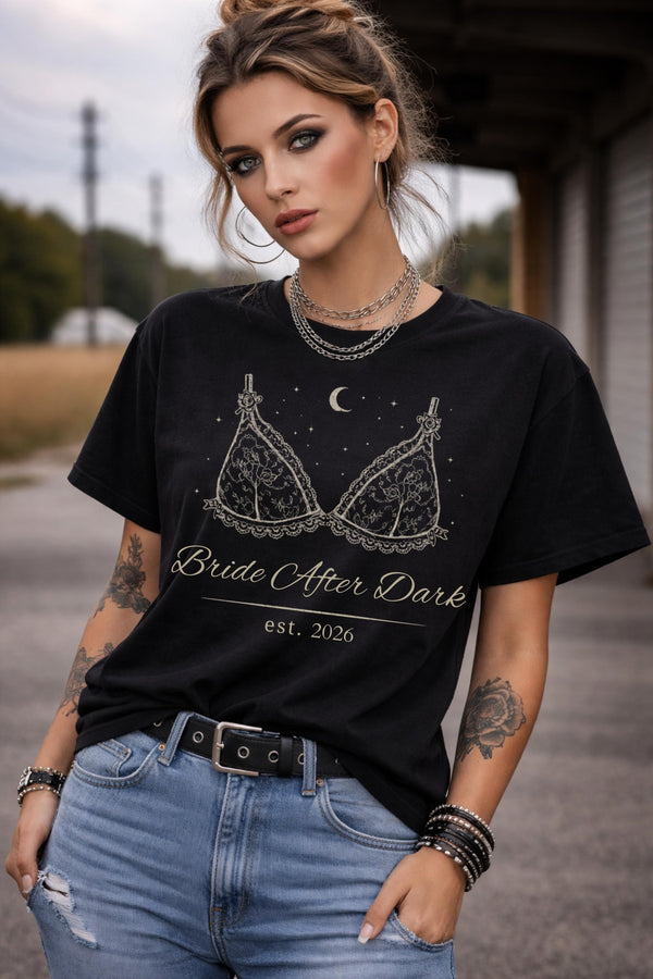 dark romance bride after dark design printed on comfort colors t-shirt with lace lingerie graphic and moon details