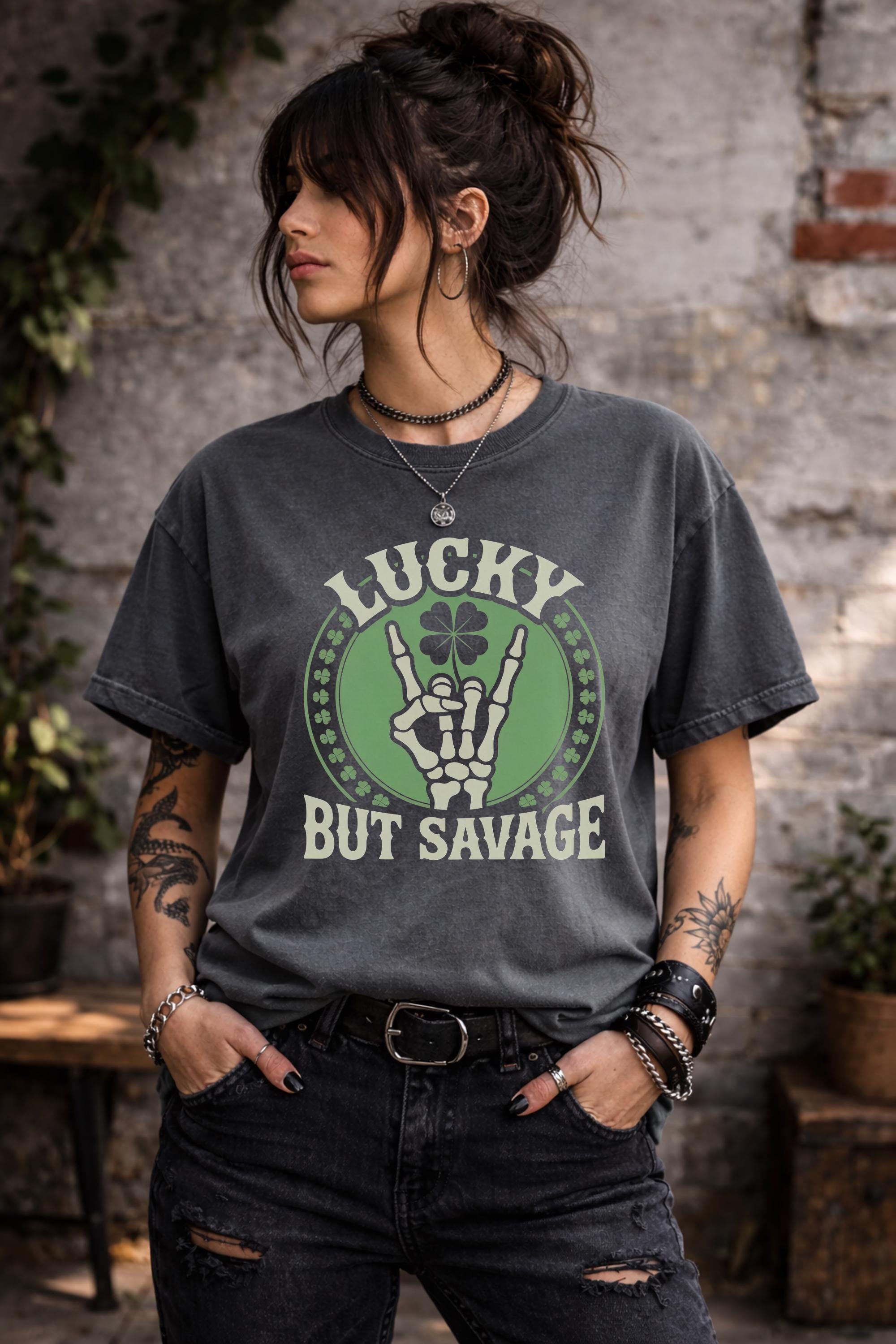 Lucky But Savage Shirt, Funny St Patricks Day Shirt, Skeleton Hand Clover Tee, Irish Humor Shirt, Lucky Rebel Graphic Tee