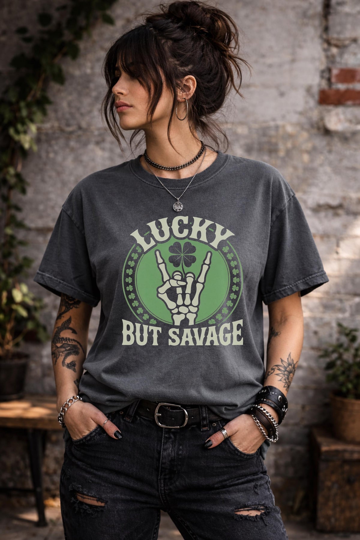 Lucky But Savage Shirt, Funny St Patricks Day Shirt, Skeleton Hand Clover Tee, Irish Humor Shirt, Lucky Rebel Graphic Tee