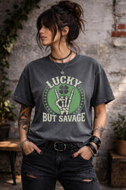 Lucky But Savage Shirt, Funny St Patricks Day Shirt, Skeleton Hand Clover Tee, Irish Humor Shirt, Lucky Rebel Graphic Tee